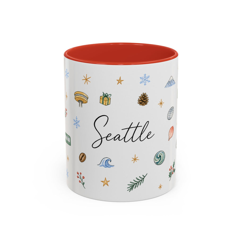 Seattle Christmas Mug | Watercolor Travel Souvenir | Holiday Gift | Accent Ceramic Coffee Cup 11oz 15oz