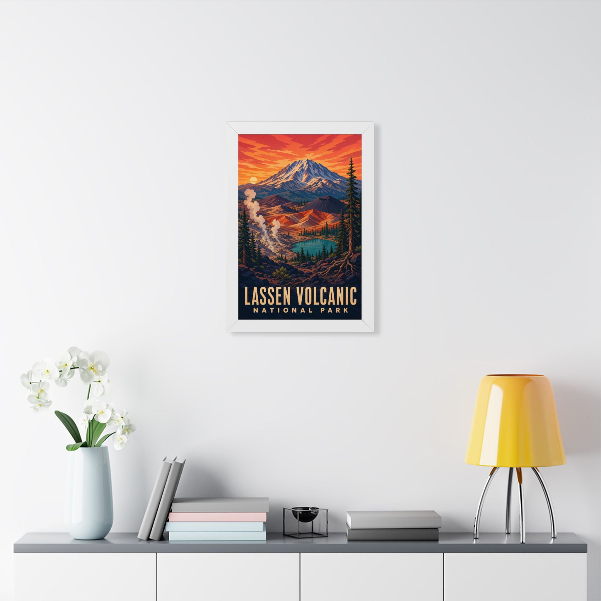 Lassen Volcanic National Park Framed Poster | Vintage Travel Wall Art | Black Walnut White Frame | 16x24 20x30