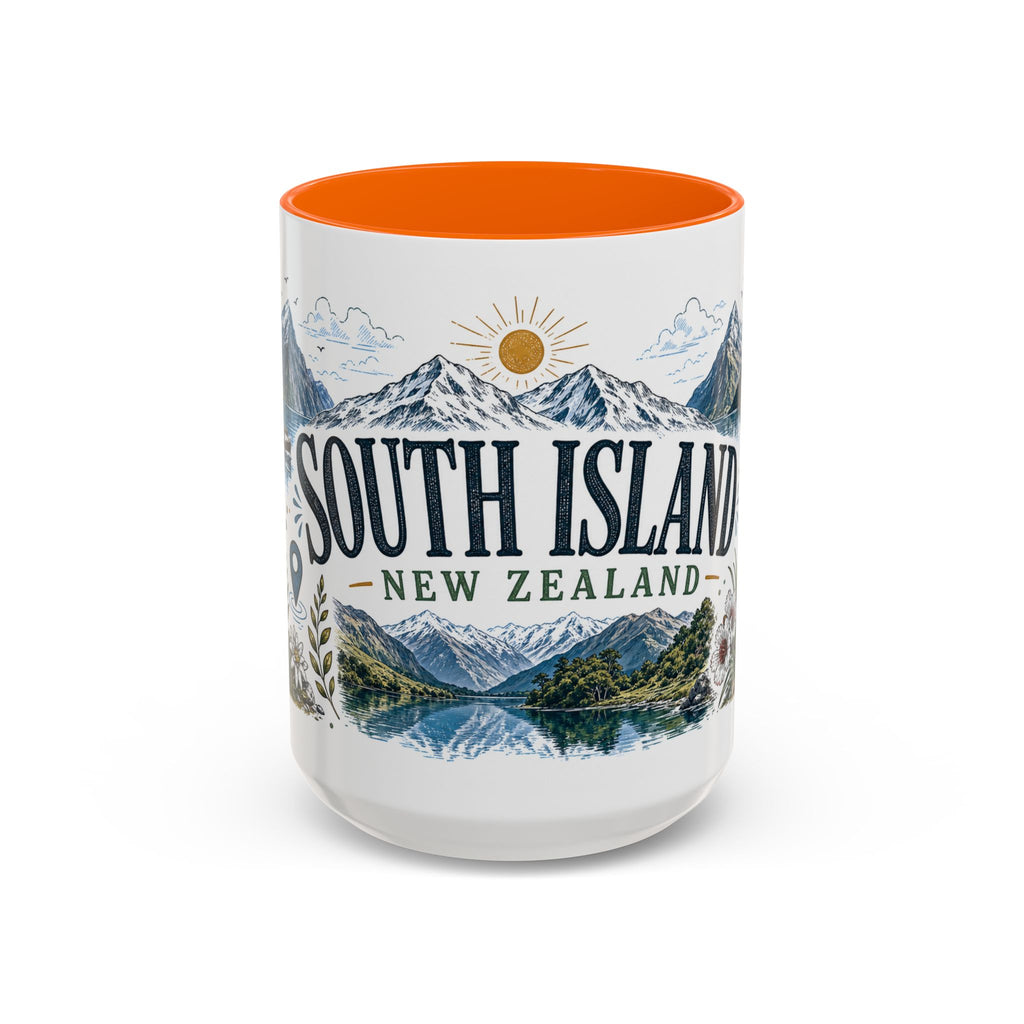 New Zealand South Island Coffee Mug | Travel Destination Souvenir Gift | Accent Color Ceramic 11oz 15oz