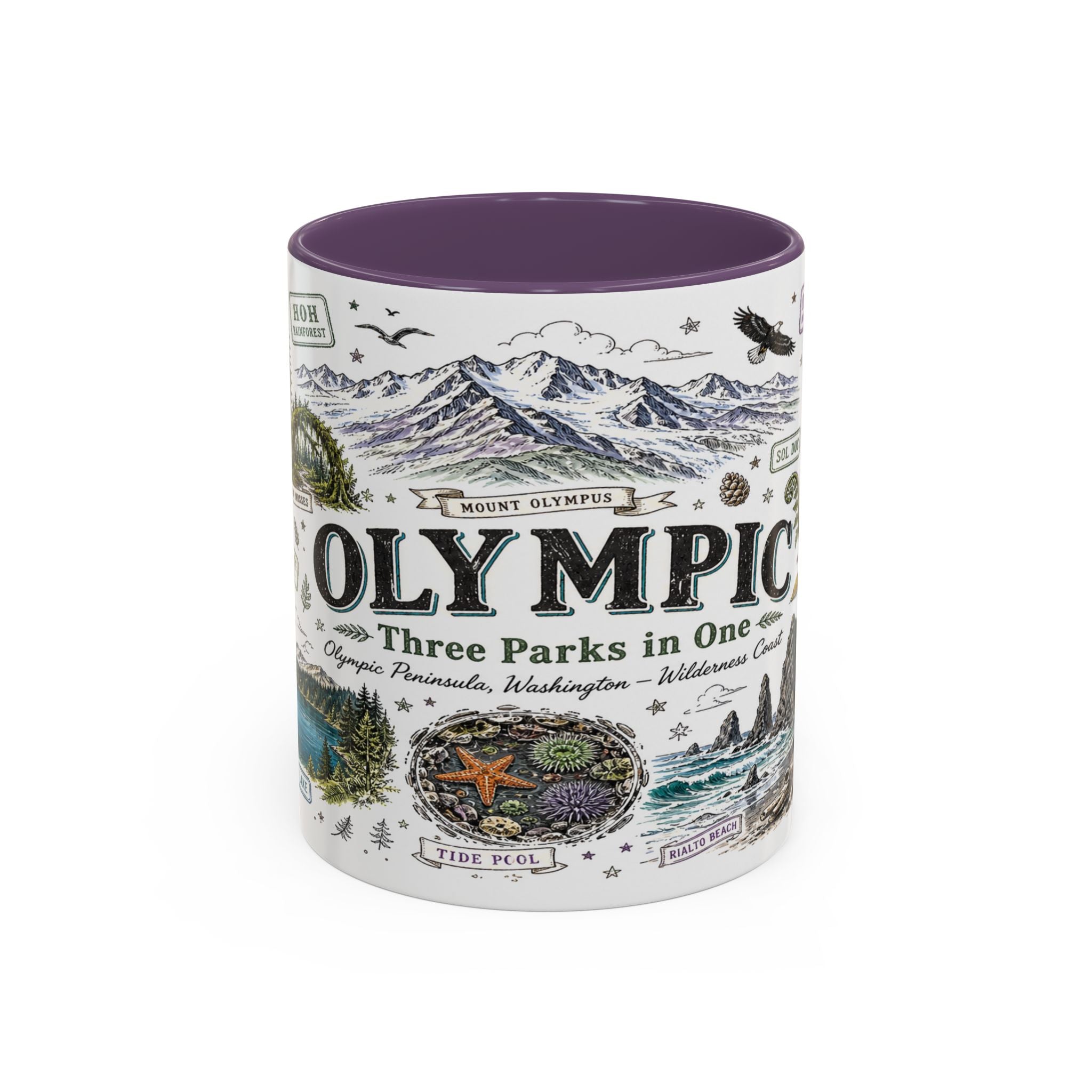 Olympic Coffee Mug | National Park Hiking Rainforest Gift | Accent Color Ceramic 11oz 15oz