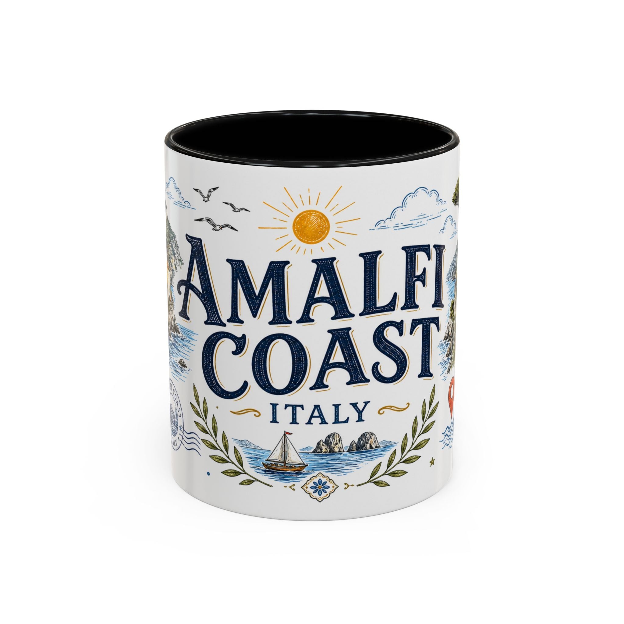 Amalfi Coast Coffee Mug | Travel Destination Souvenir Gift | Accent Color Ceramic 11oz 15oz