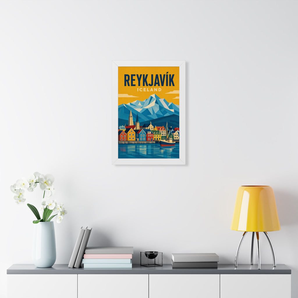 Reykjavík Iceland Framed Poster | Vintage Travel Wall Art | Black Walnut White Frame | 16x24 20x30