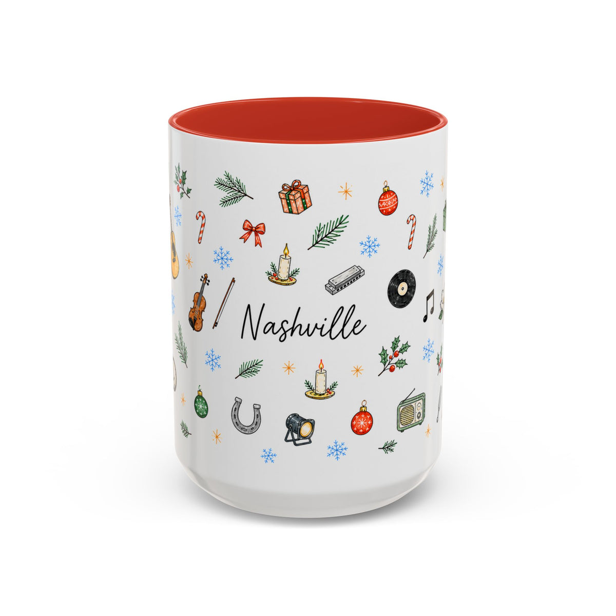 Nashville Christmas Mug | Watercolor City Souvenir, Acoustic Guitar, Harmonica (11oz 15oz)