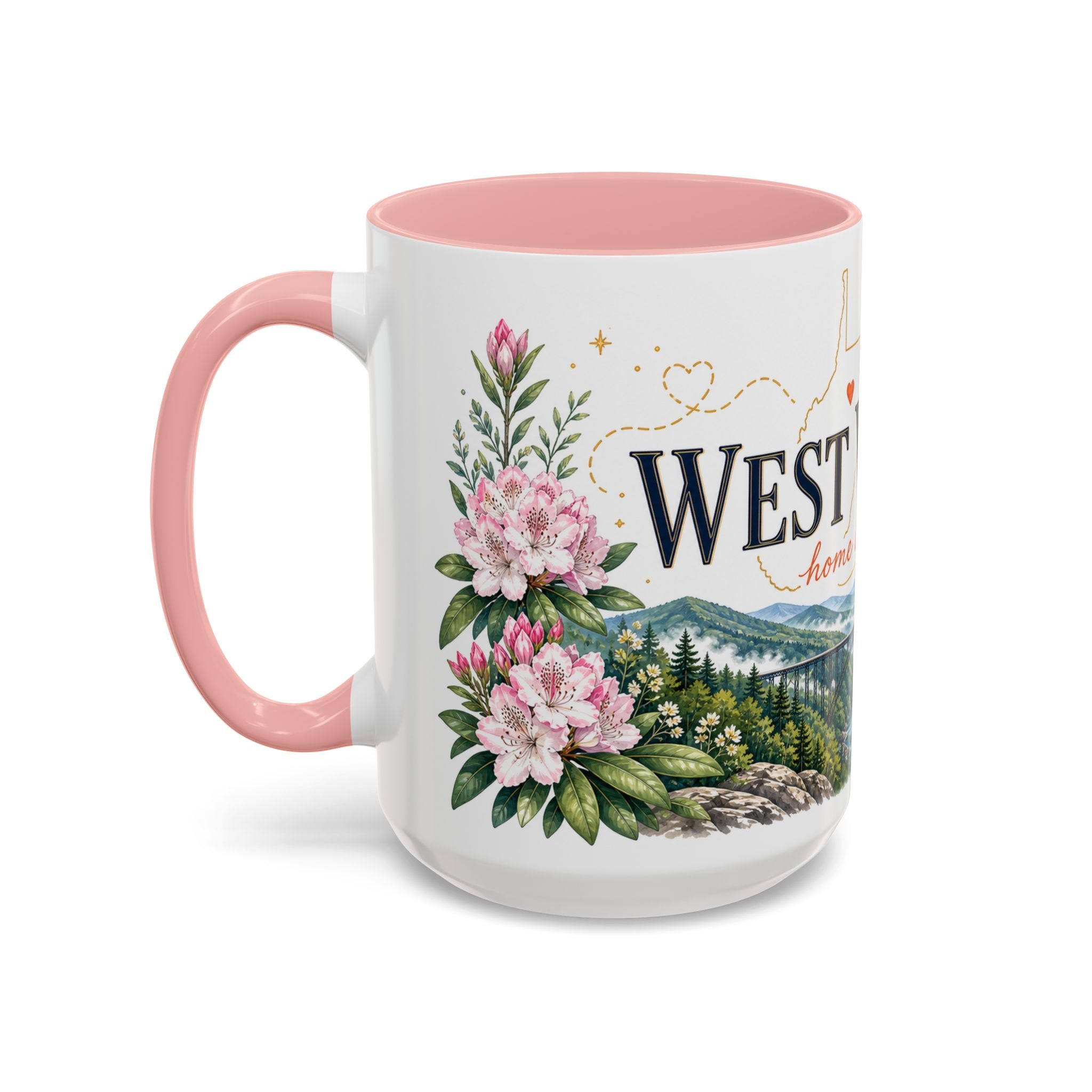 West Virginia State Map Mug | Appalachian Bridge, Rhododendron Accent Coffee Cup