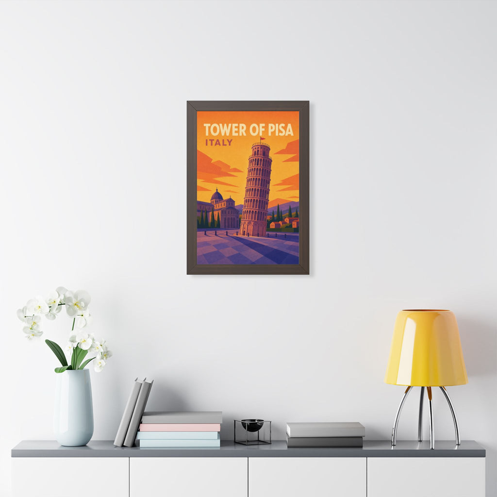 Leaning Tower of Pisa Italy Framed Poster | Vintage Travel Wall Art | Black Walnut White Frame | 16x24 20x30
