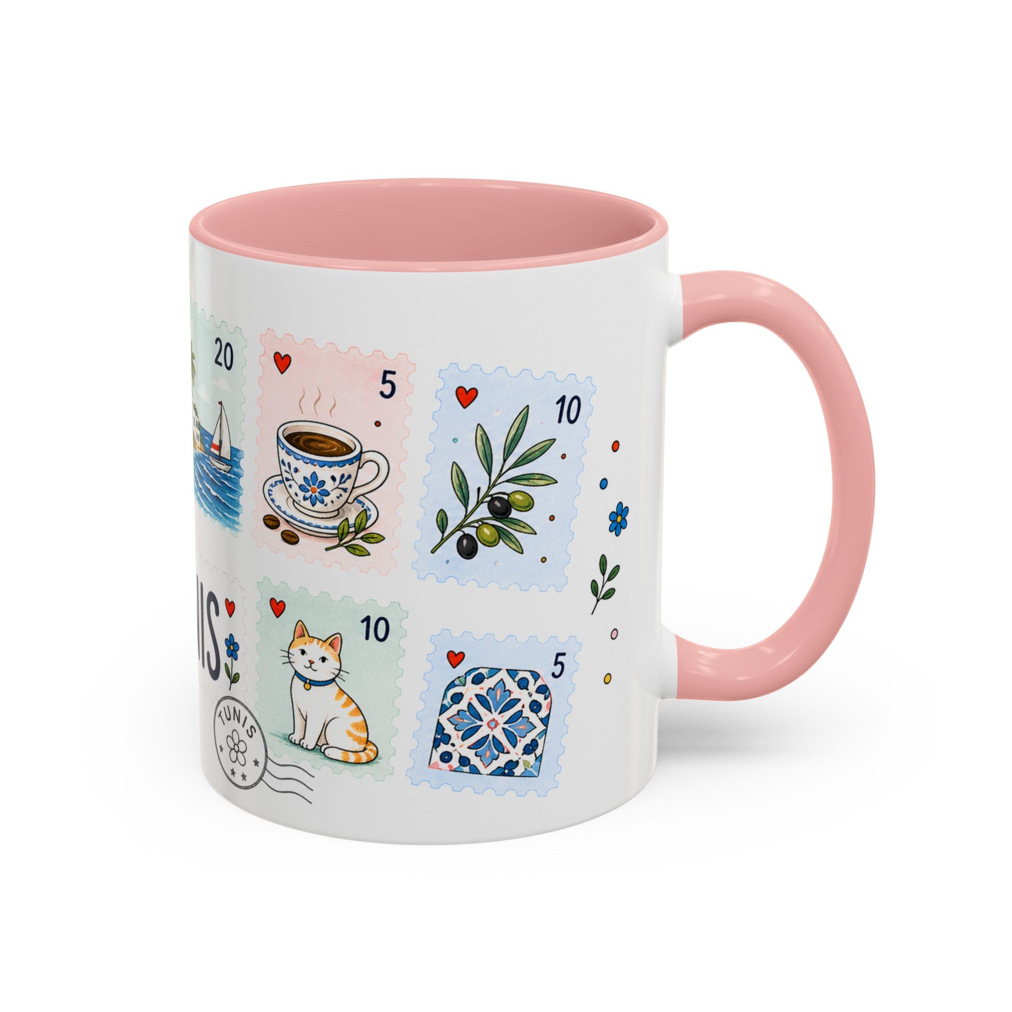 Tunis Coffee Mug | Postage Stamp Collage Mug | Travel Souvenir Accent Cup 11oz 15oz