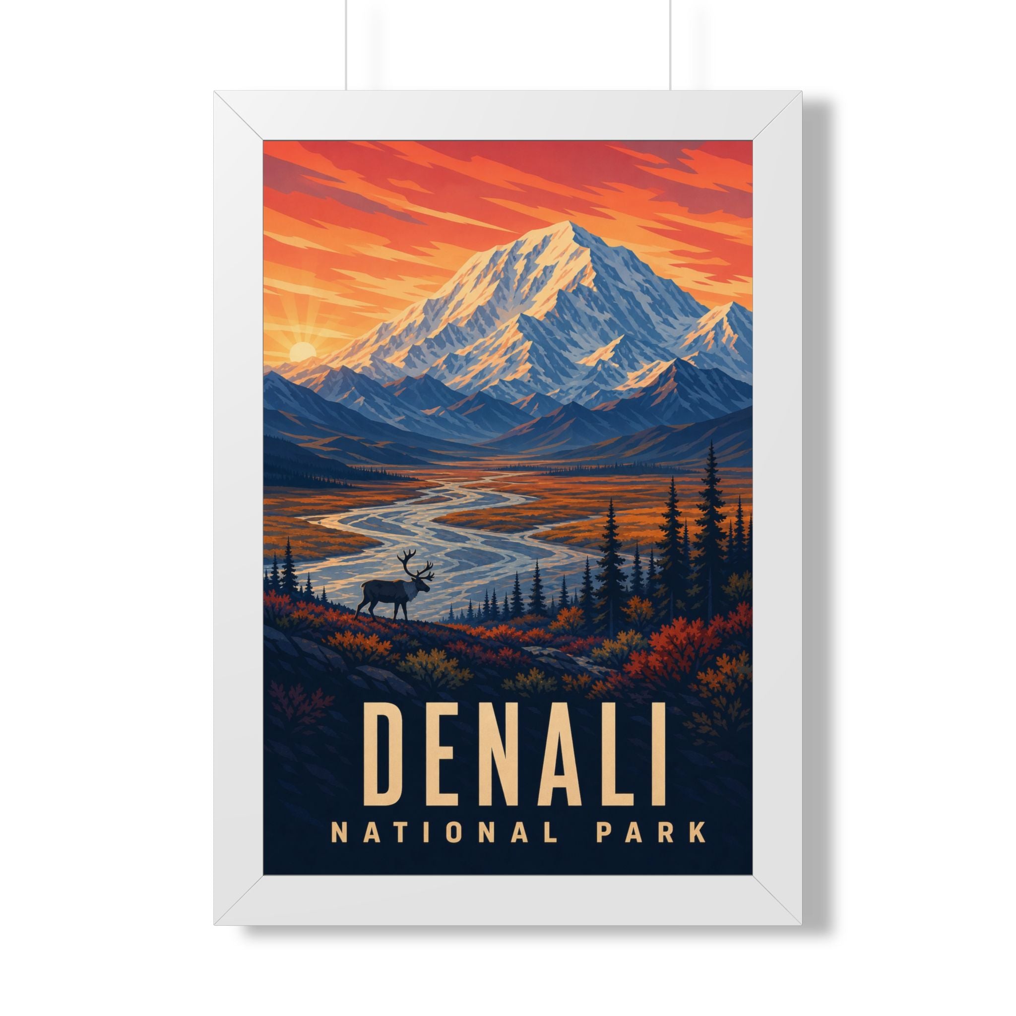 Denali National Park Framed Poster | Vintage Travel Wall Art | Black Walnut White Frame | 16x24 20x30