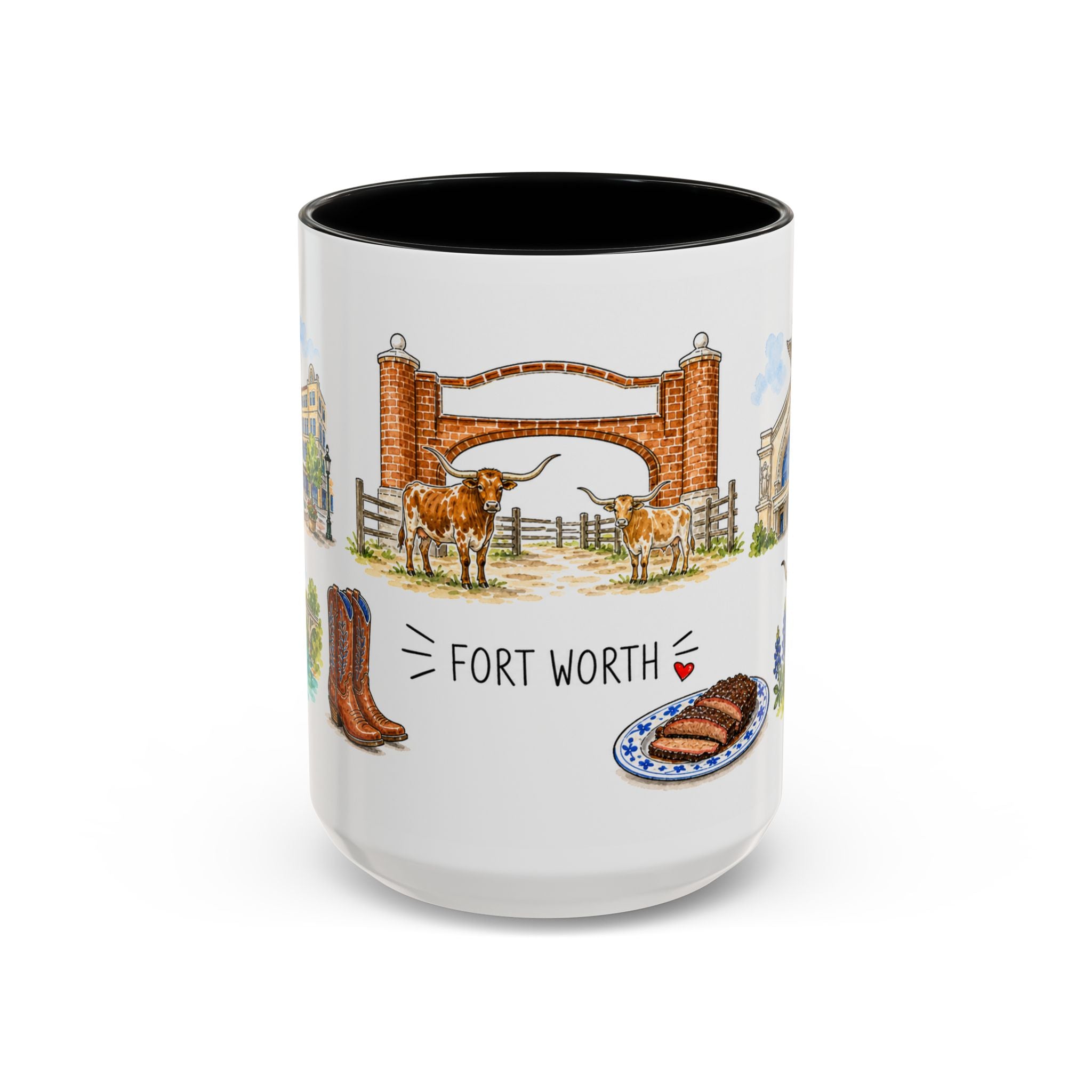 Fort Worth Illustrated Travel Mug | City Souvenir Accent Coffee Mug | 11oz 15oz Ceramic Cup
