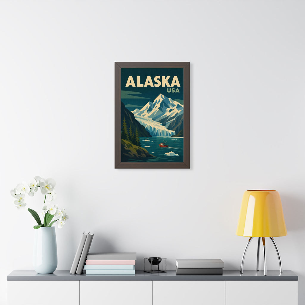 Alaska Mountains United States Framed Poster | Vintage Travel Wall Art | Black Walnut White Frame | 16x24 20x30