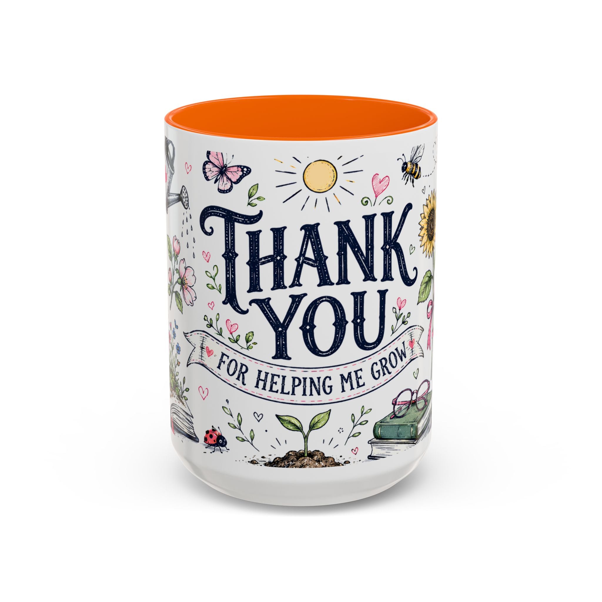 Thank You Teacher Coffee Mug | For Helping Me Grow Appreciation Gift | Accent Color Ceramic 11oz 15oz