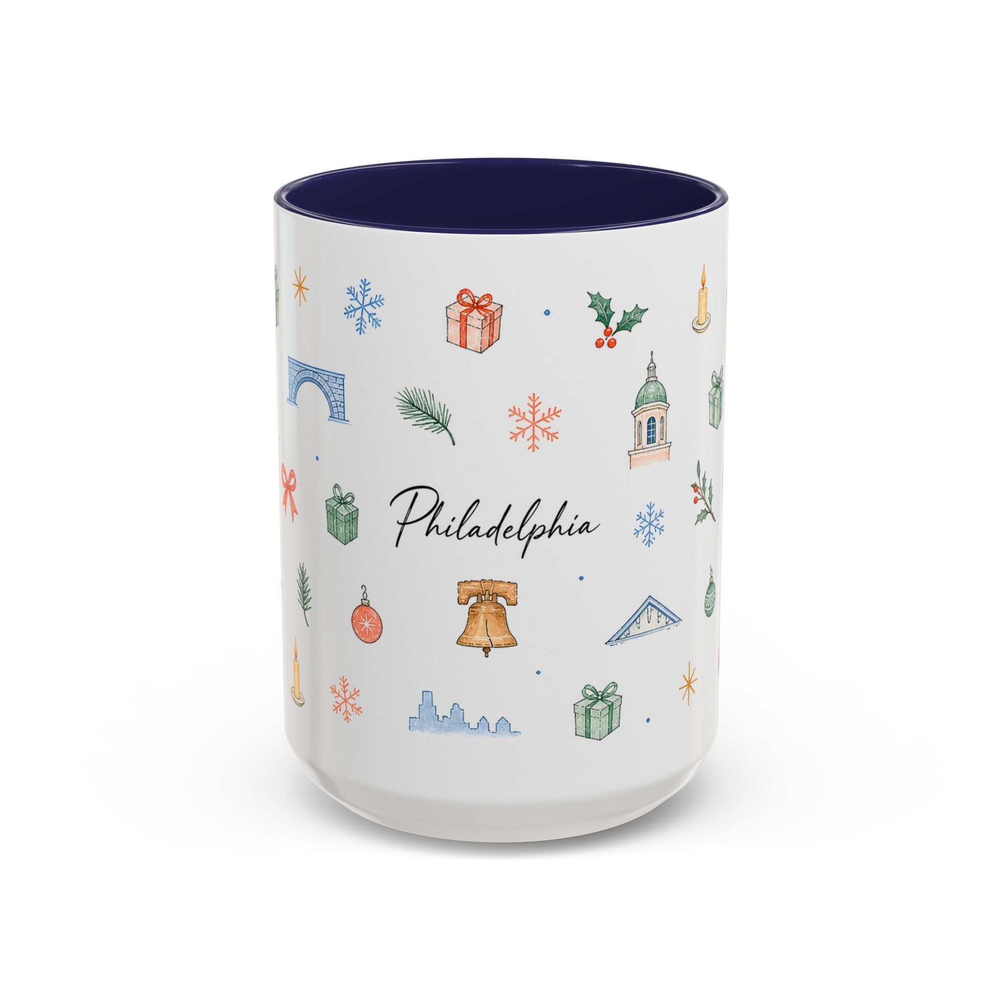 Philadelphia Christmas Mug | Watercolor Travel Souvenir | Holiday Gift | Accent Ceramic Coffee Cup 11oz 15oz