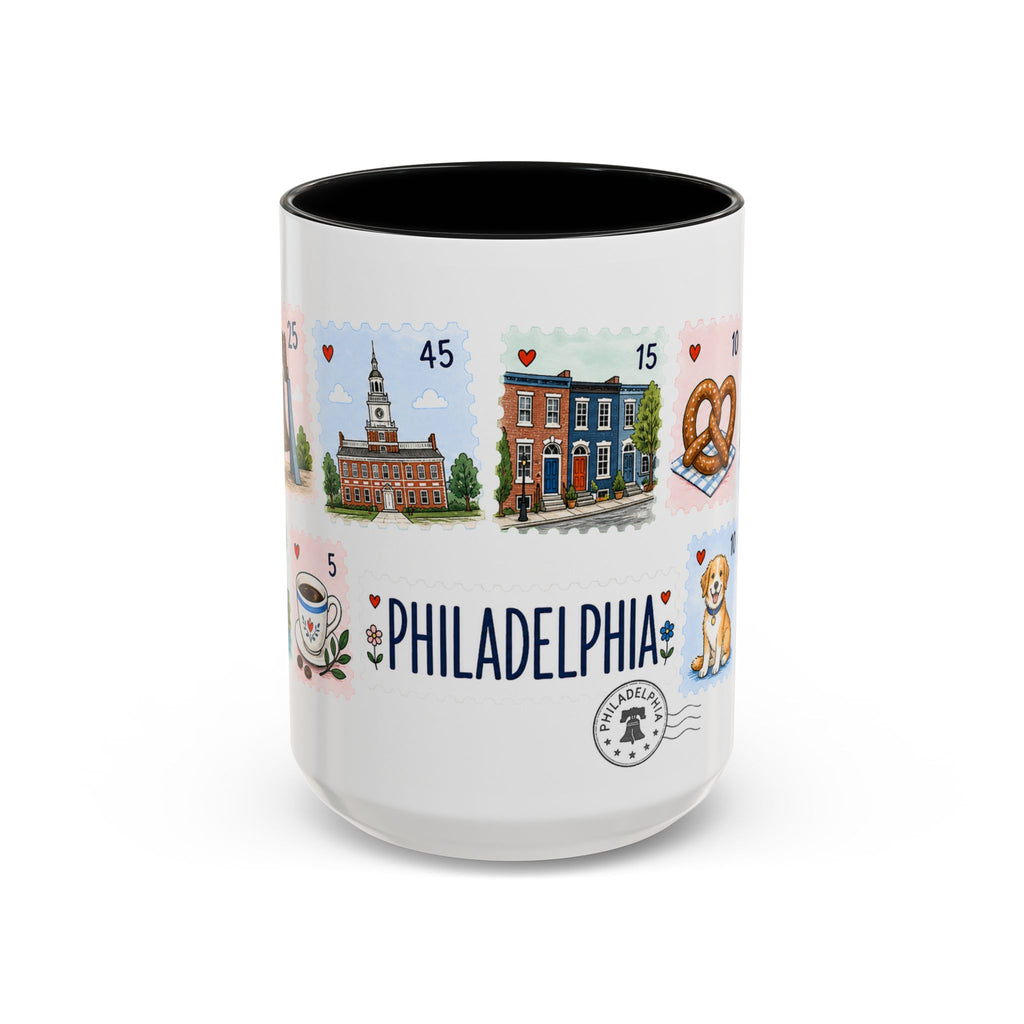 Philadelphia Coffee Mug | Postage Stamp Collage Mug | Travel Souvenir Accent Cup 11oz 15oz