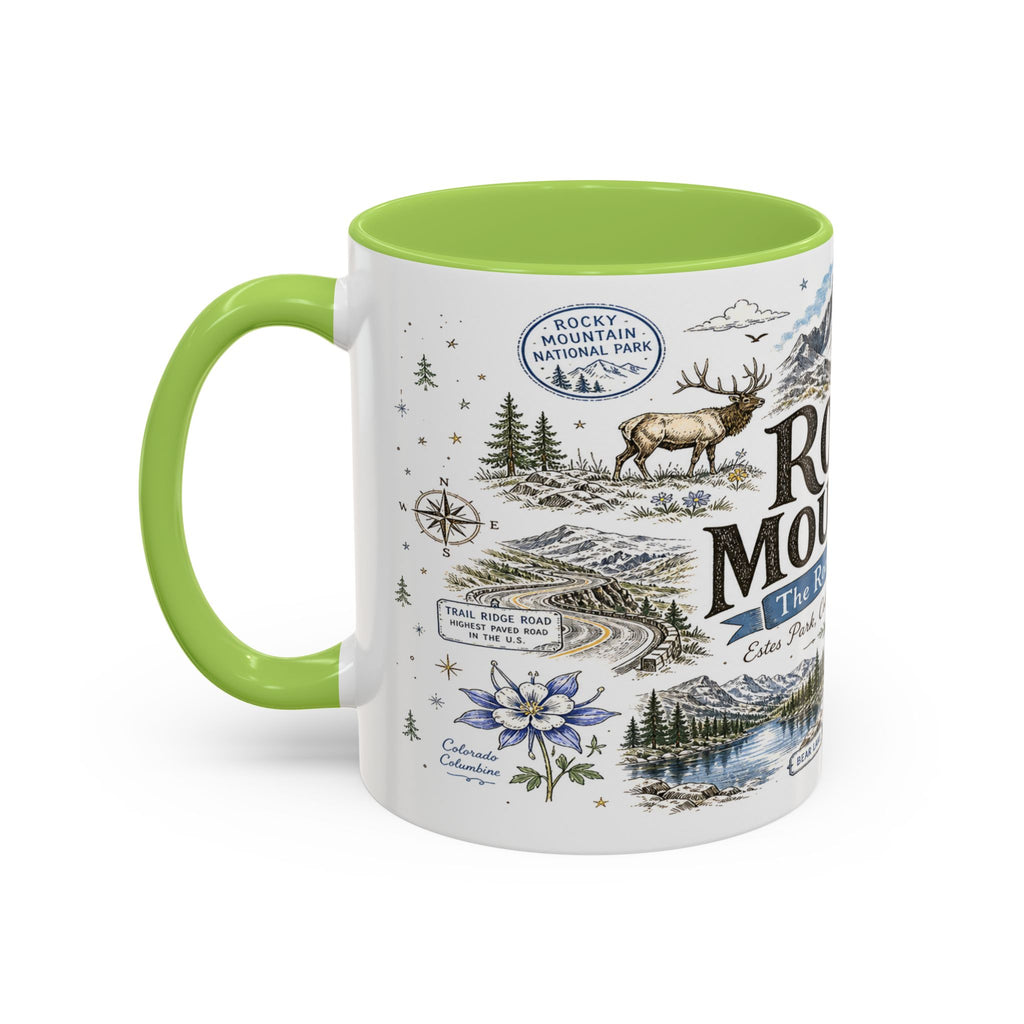 Rocky Mountain Coffee Mug | National Park Hiking Camping Gift | Accent Color Ceramic 11oz 15oz