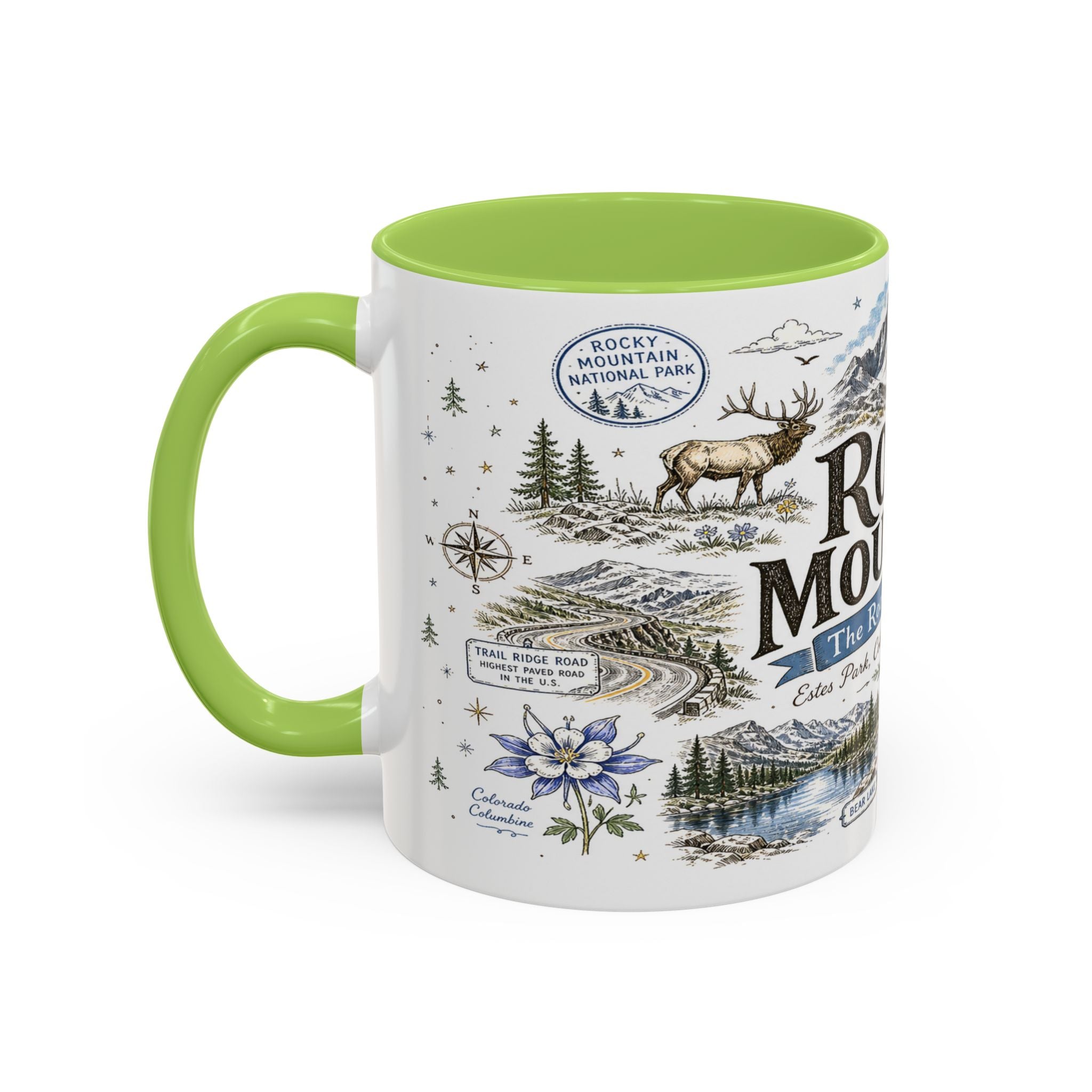 Rocky Mountain Coffee Mug | National Park Hiking Camping Gift | Accent Color Ceramic 11oz 15oz