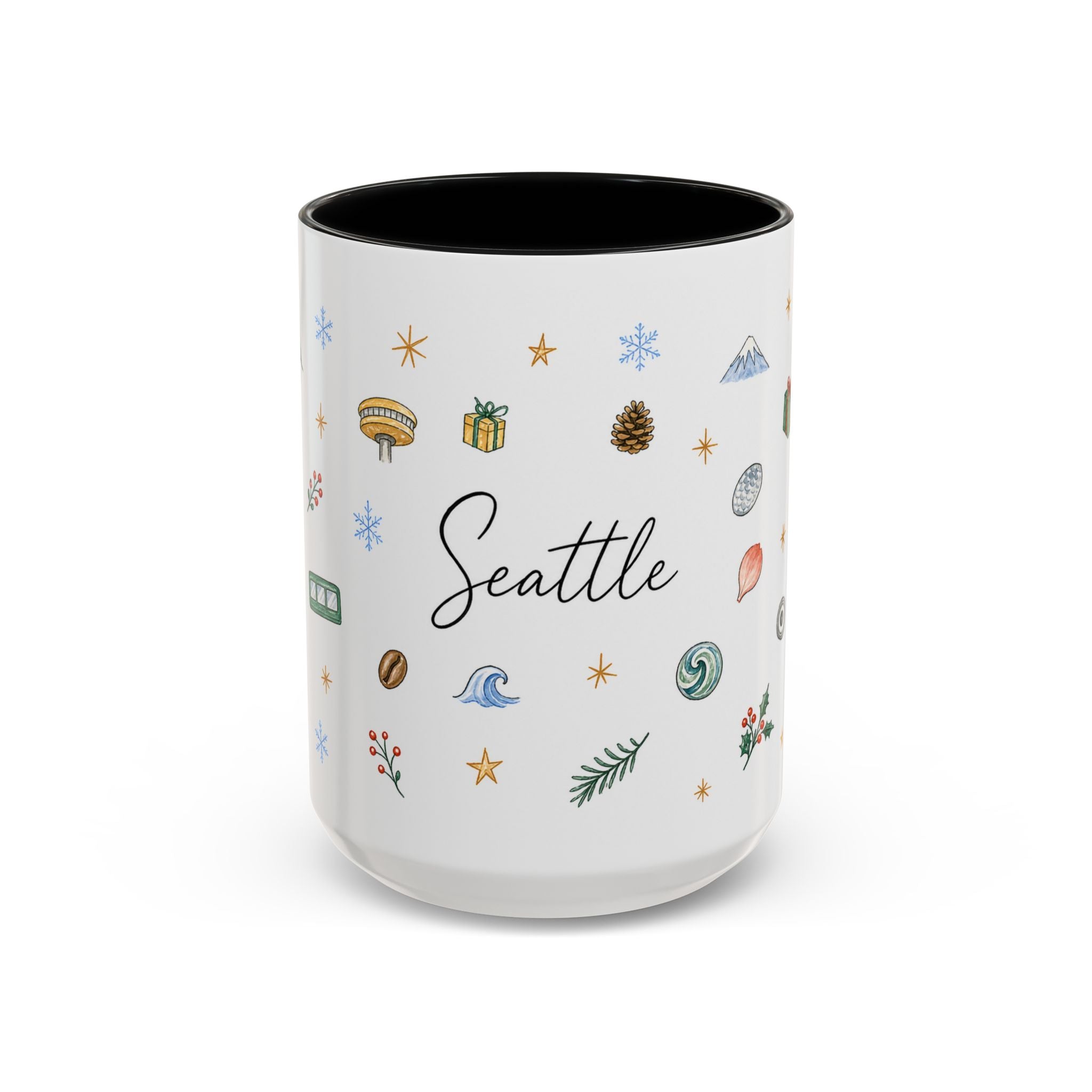 Seattle Christmas Mug | Watercolor Travel Souvenir | Holiday Gift | Accent Ceramic Coffee Cup 11oz 15oz