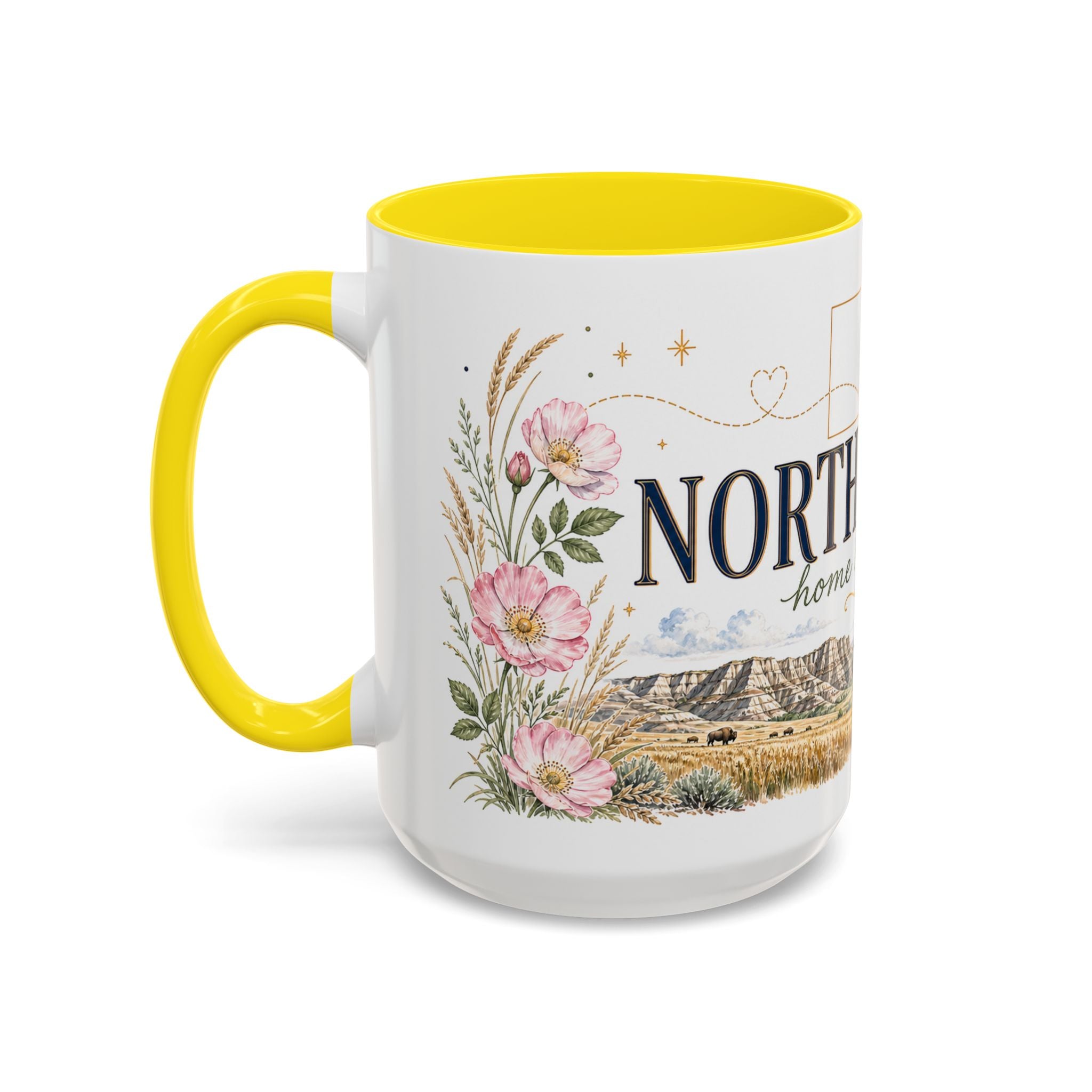 North Dakota State Map Mug | Prairie Rose Botanical Accent Coffee Cup