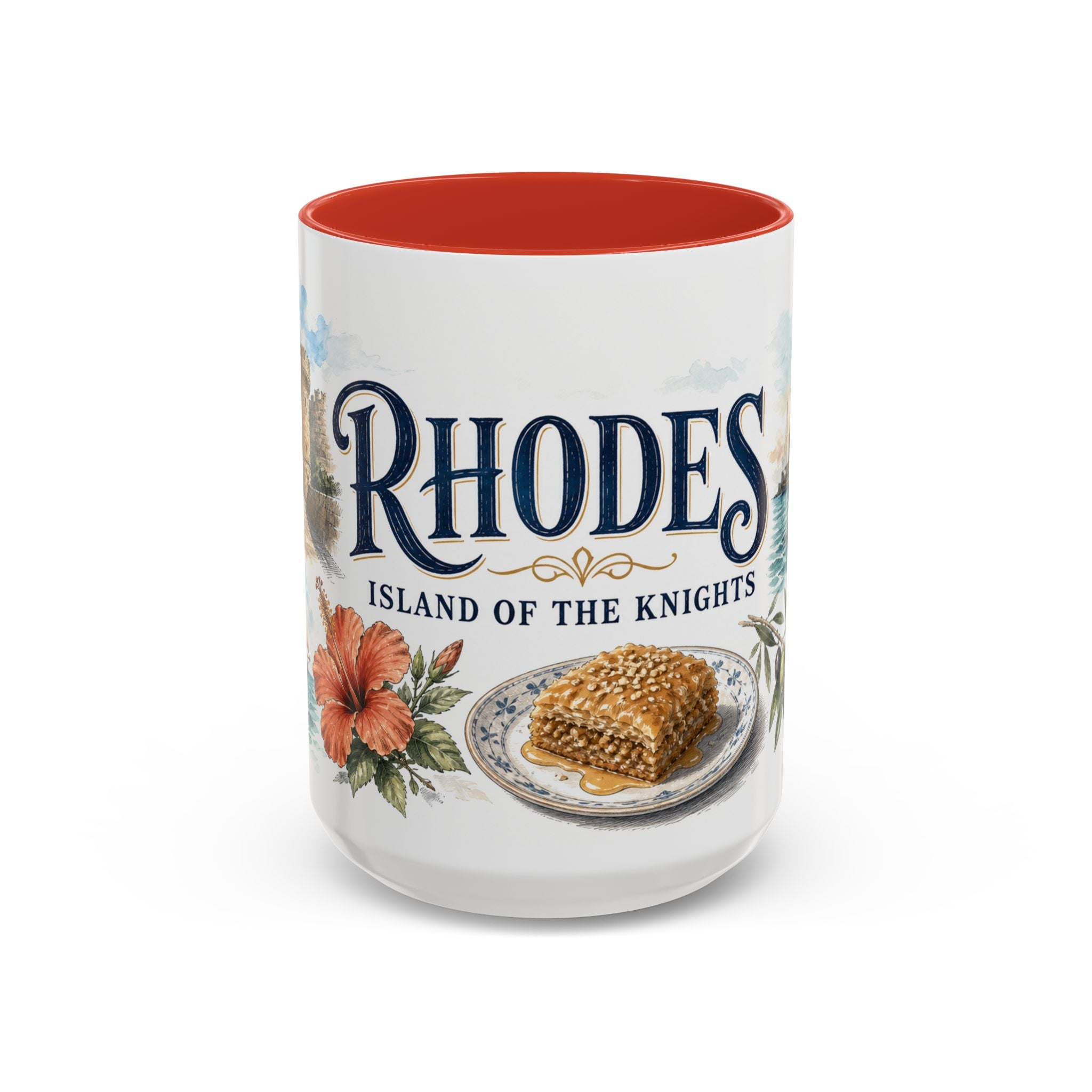 Rhodes Coffee Mug | Greece Travel Souvenir | Vintage Illustrated City Gift | 11 oz 15 oz Accent Mug