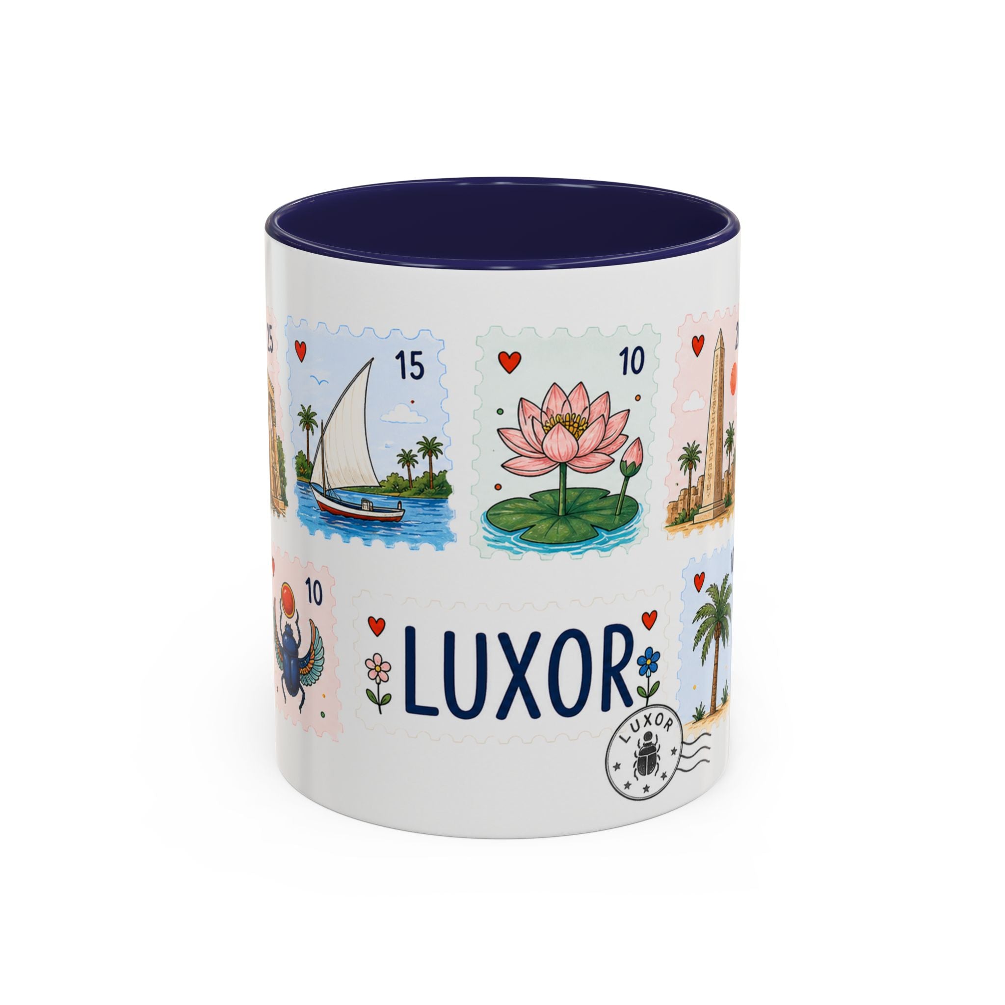 Luxor Coffee Mug | Postage Stamp Collage Mug | Travel Souvenir Accent Cup 11oz 15oz