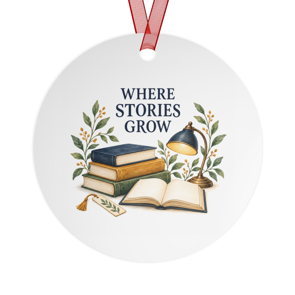 Back view of a round aluminum ornament with reading teacher artwork.