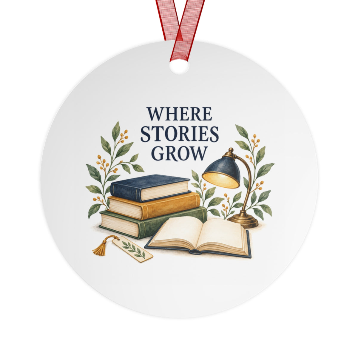 Back view of a round aluminum ornament with reading teacher artwork.