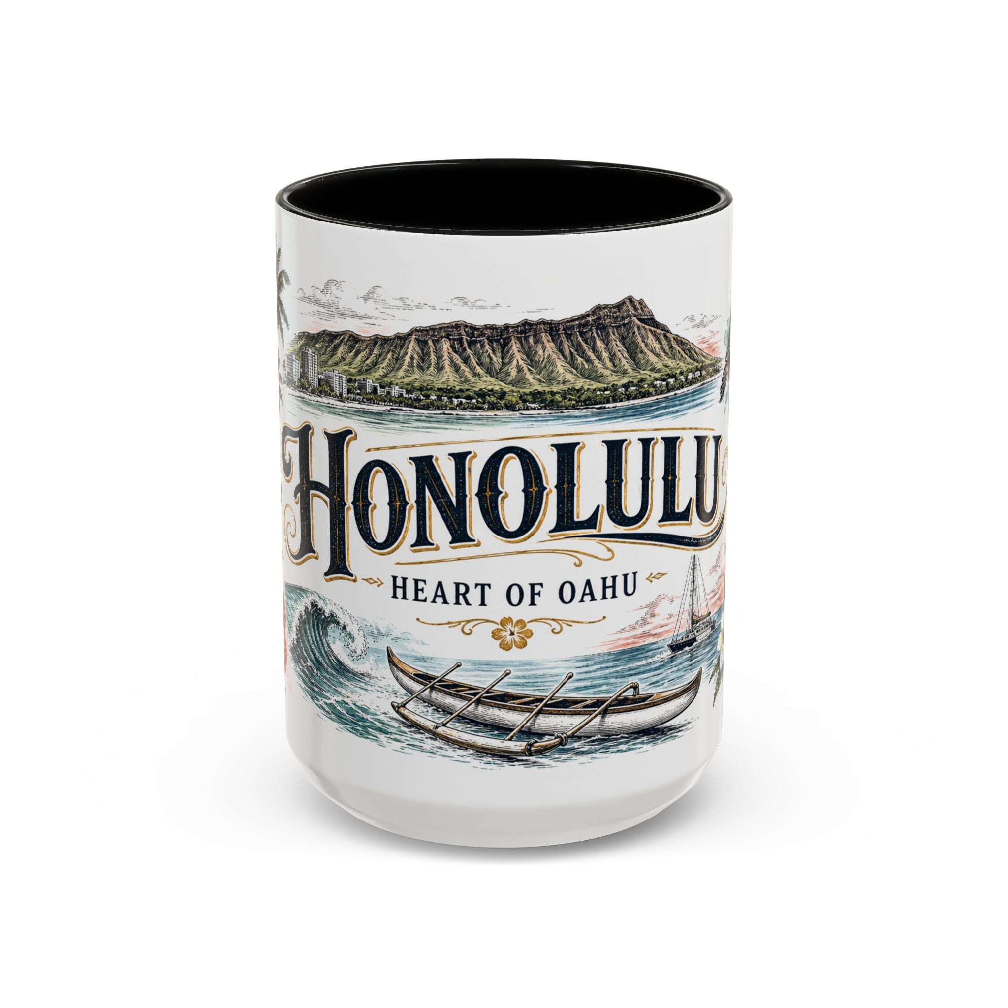 Honolulu Coffee Mug | United States Travel Souvenir | Vintage Illustrated City Gift | 11 oz 15 oz Accent Mug
