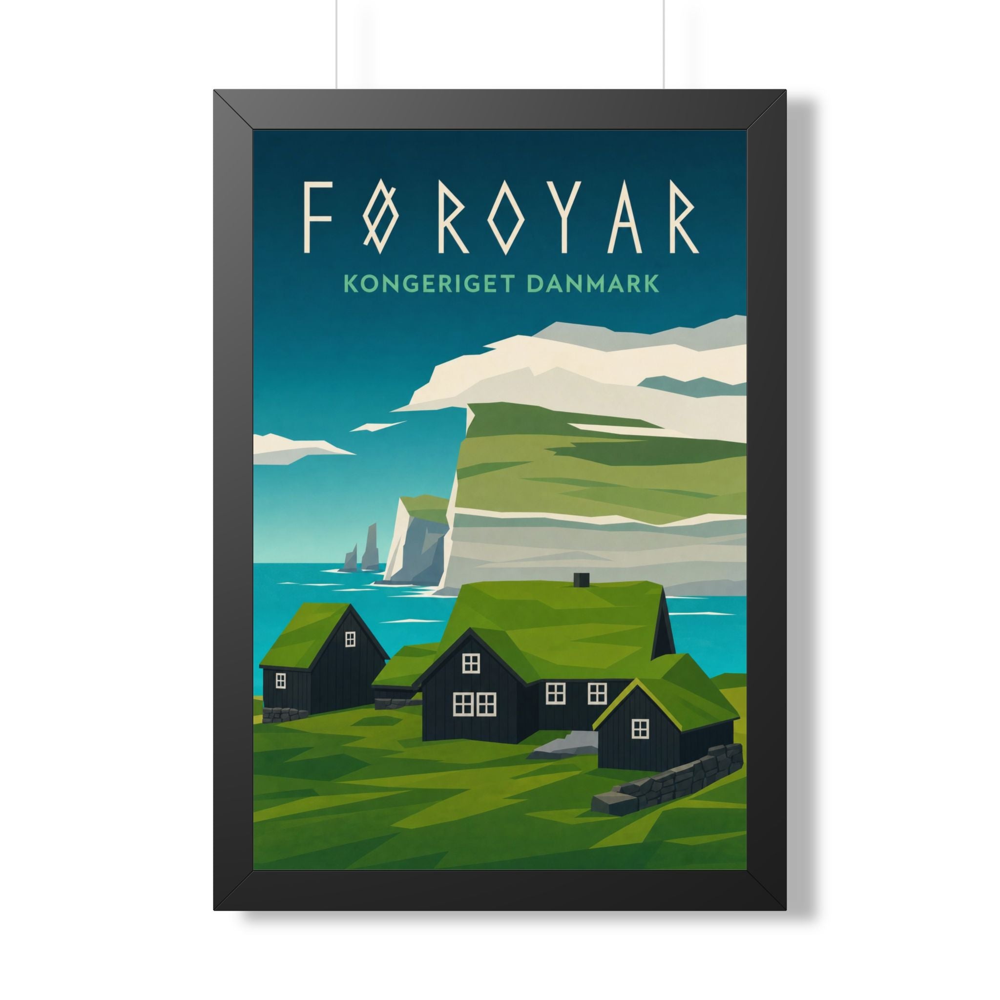 Faroe Islands Denmark Framed Poster | Vintage Travel Wall Art | Black Walnut White Frame | 16x24 20x30
