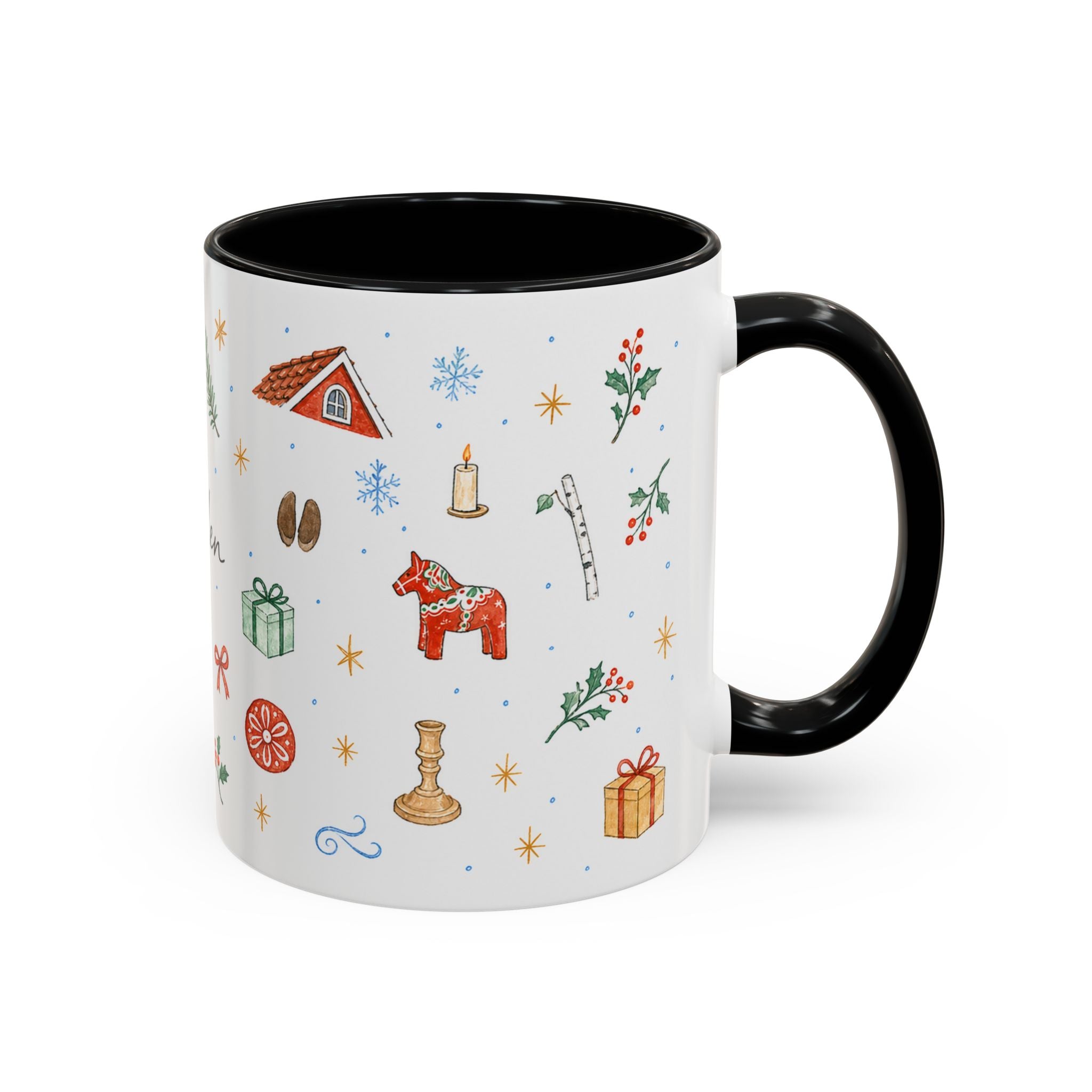 Sweden Christmas Mug | Watercolor Travel Souvenir | Holiday Gift | Accent Ceramic Coffee Cup 11oz 15oz