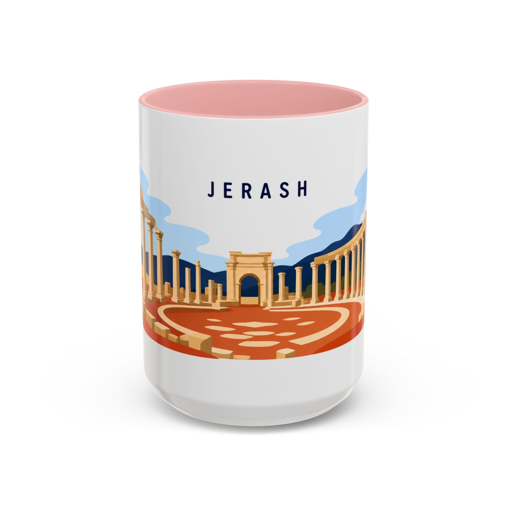 Jerash Coffee Mug | Travel Destination Souvenir Gift | Accent Color Ceramic 11oz 15oz