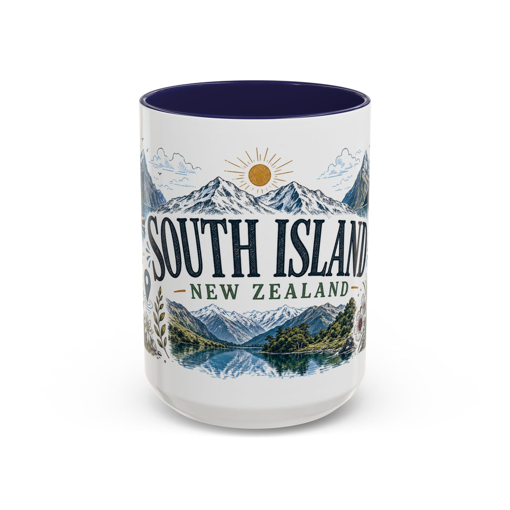 New Zealand South Island Coffee Mug | Travel Destination Souvenir Gift | Accent Color Ceramic 11oz 15oz