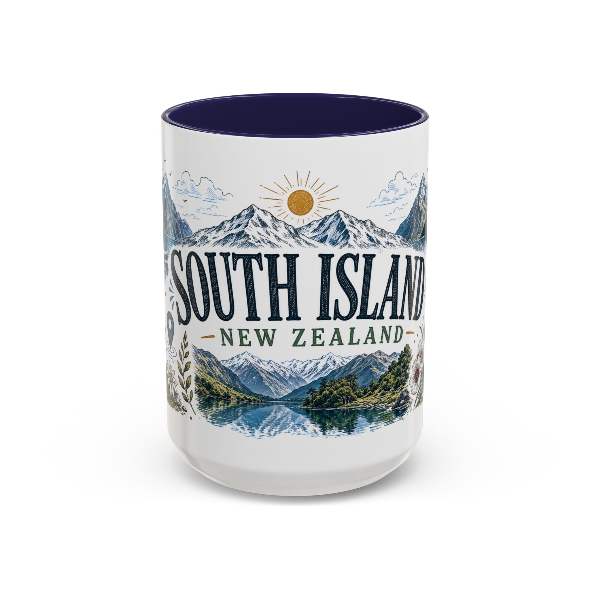New Zealand South Island Coffee Mug | Travel Destination Souvenir Gift | Accent Color Ceramic 11oz 15oz