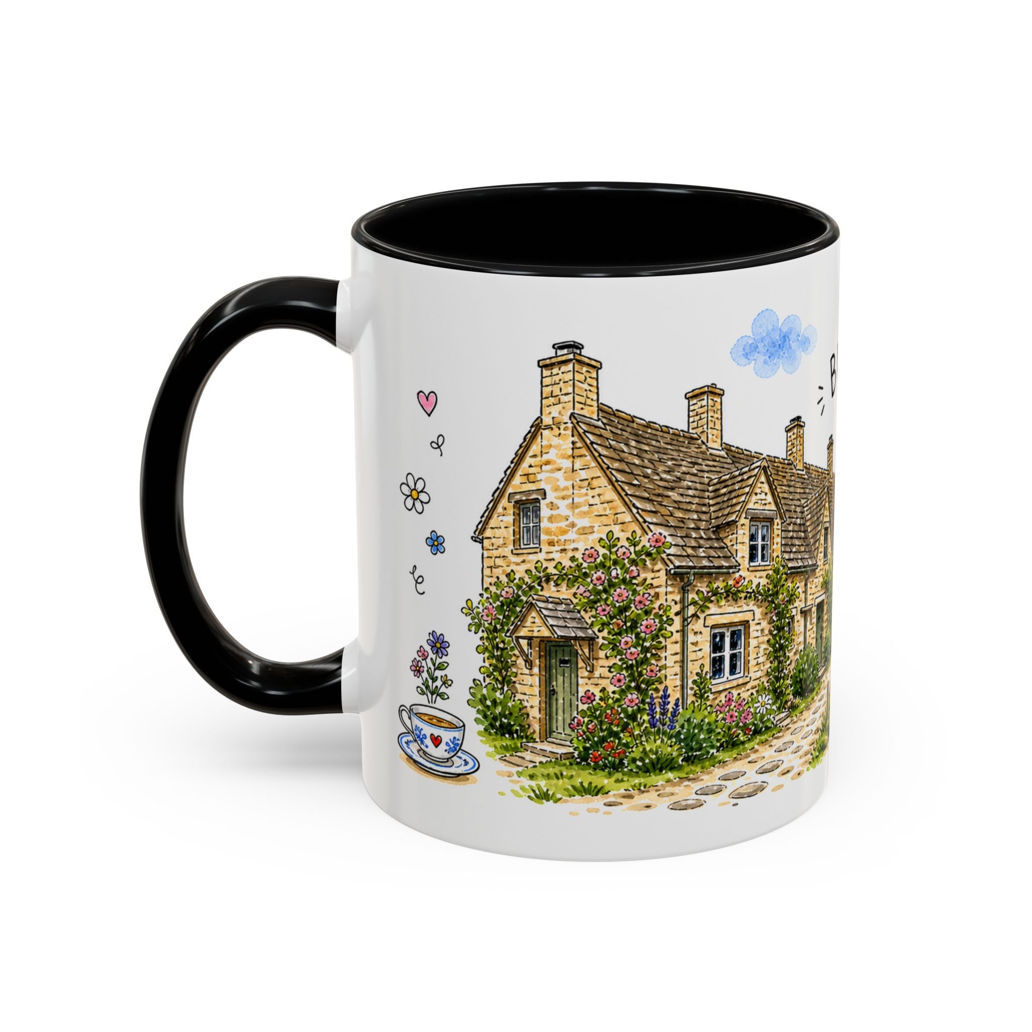 Bibury Illustrated Travel Mug | England Souvenir Accent Coffee Mug | 11oz 15oz Ceramic Cup
