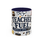 Teacher Fuel Coffee Mug | Powered by Coffee and Wine Funny Gift | Accent Color Ceramic 11oz 15oz