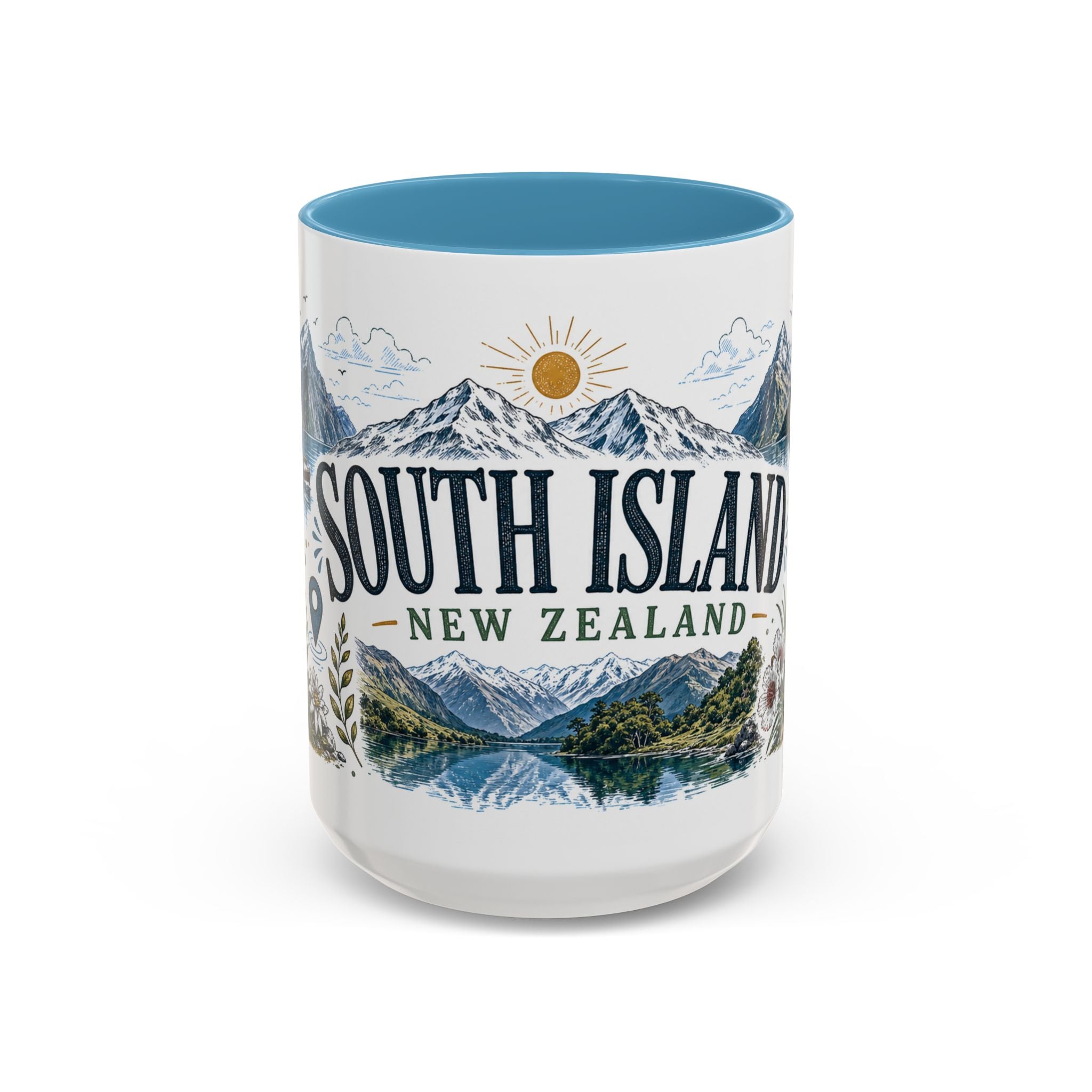 New Zealand South Island Coffee Mug | Travel Destination Souvenir Gift | Accent Color Ceramic 11oz 15oz
