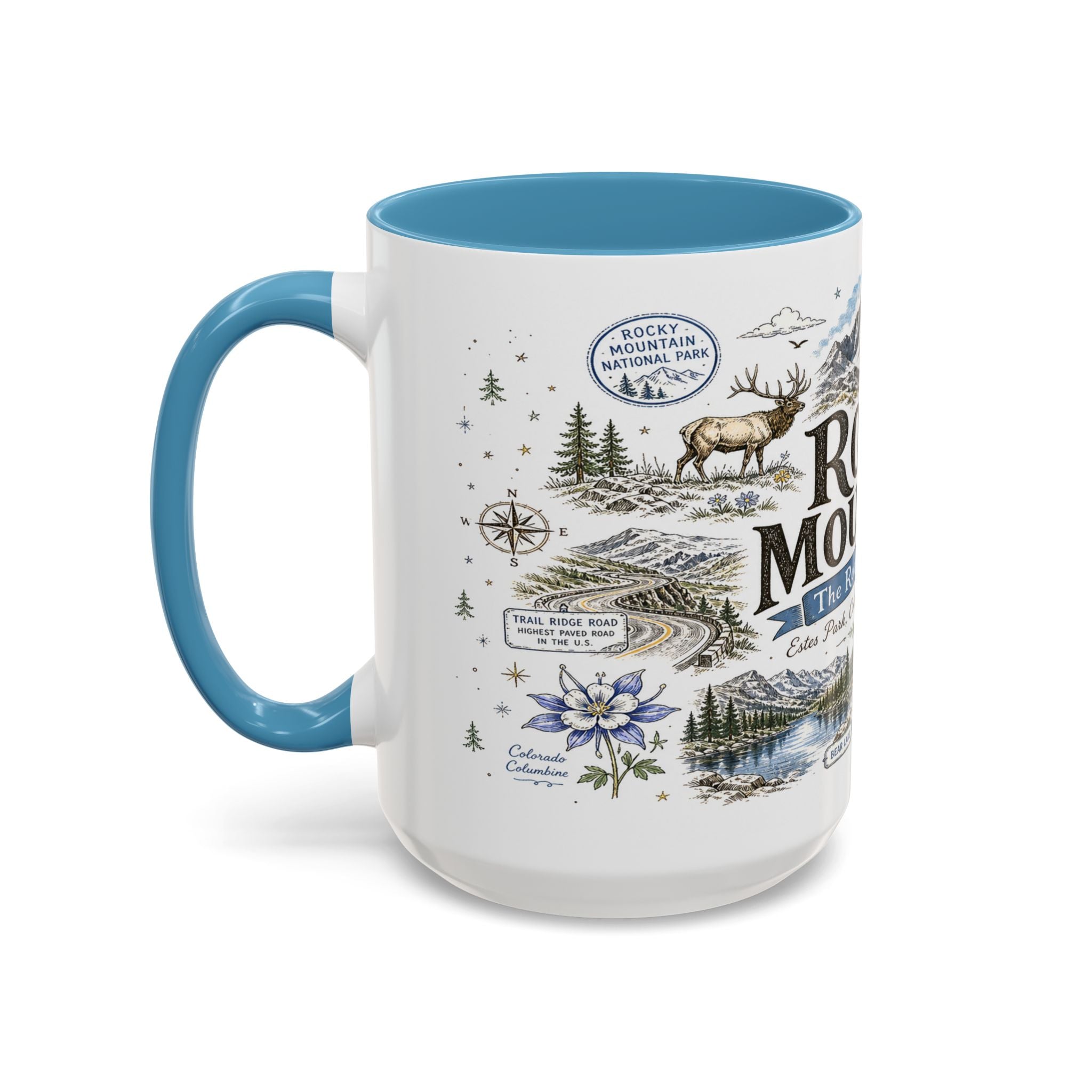 Rocky Mountain Coffee Mug | National Park Hiking Camping Gift | Accent Color Ceramic 11oz 15oz