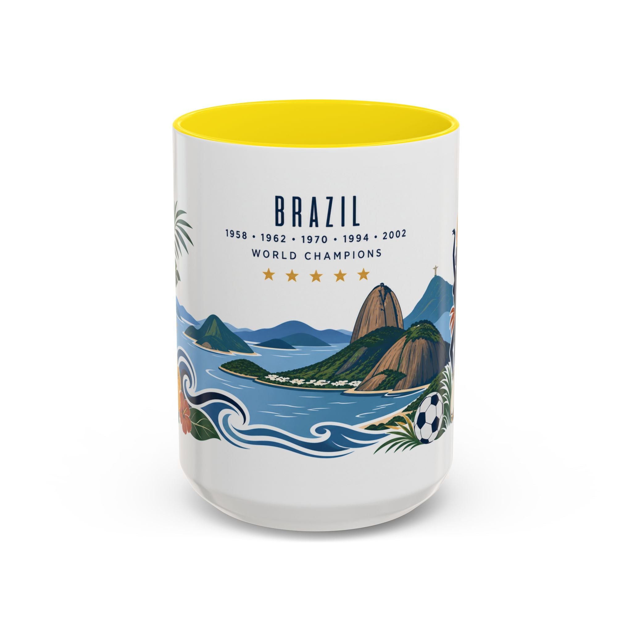 Brazil World Champions Mug | Five Time Soccer Champion Gift | Brazilian Football Fan Cup | 1958–2002 | 11oz 15oz Accent Mug