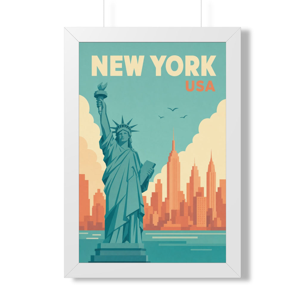 New York Harbor United States Framed Poster | Vintage Travel Wall Art | Black Walnut White Frame | 16x24 20x30