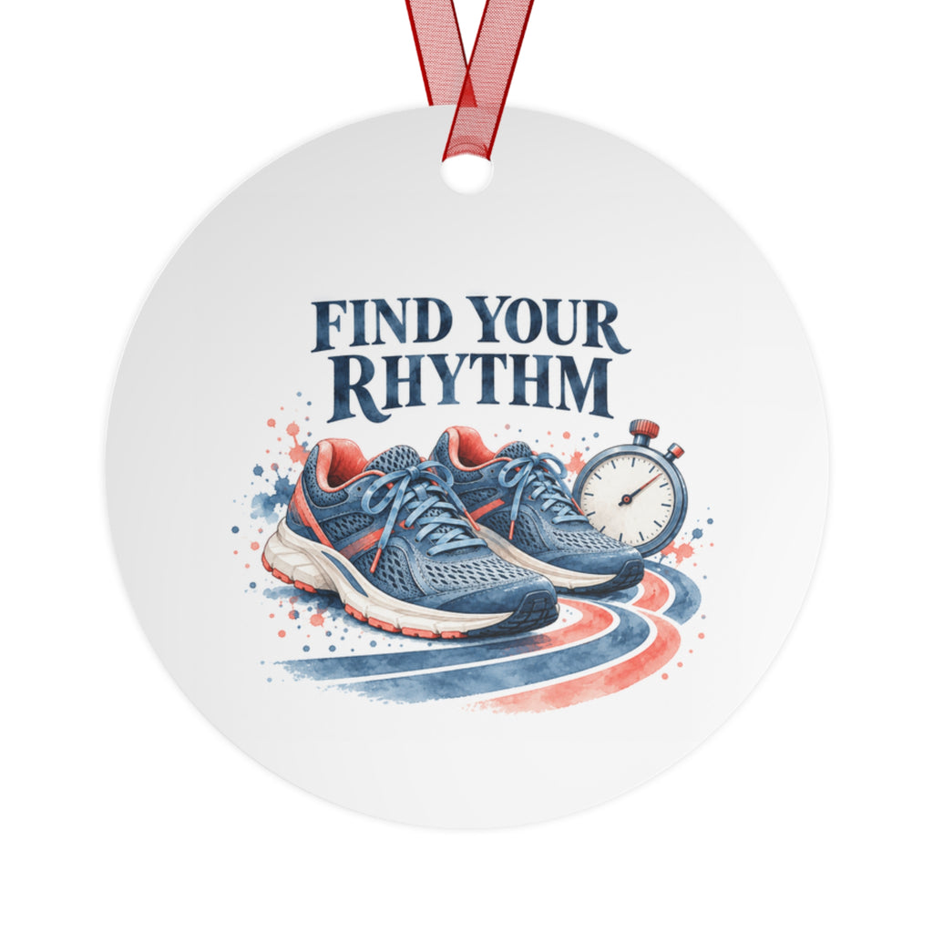 Back view of a round aluminum ornament with running artwork.
