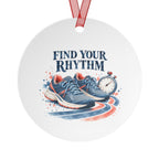 Back view of a round aluminum ornament with running artwork.