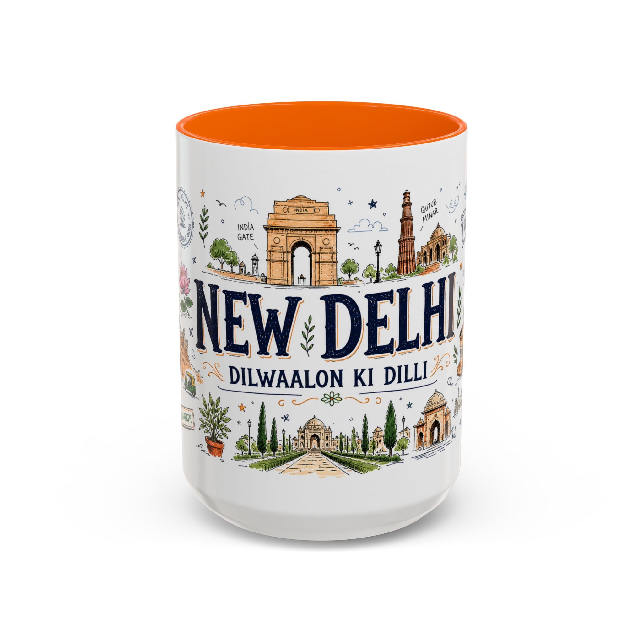 New Delhi Coffee Mug | India Souvenir Travel Gift | Accent Color Ceramic 11oz 15oz