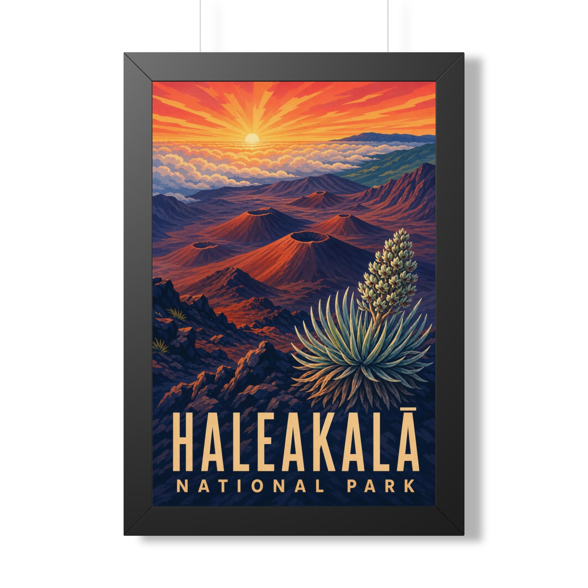 Haleakala National Park Framed Poster | Vintage Travel Wall Art | Black Walnut White Frame | 16x24 20x30