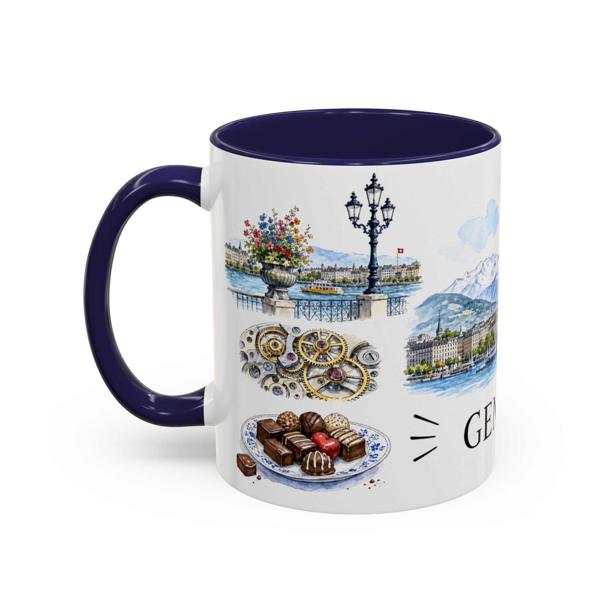 Geneva Illustrated Travel Mug | City Souvenir Accent Coffee Mug | 11oz 15oz Ceramic Cup