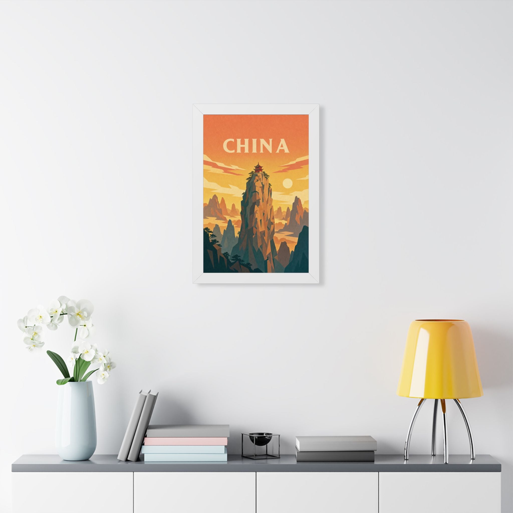 China Mountain Temple China Framed Poster | Vintage Travel Wall Art | Black Walnut White Frame | 16x24 20x30
