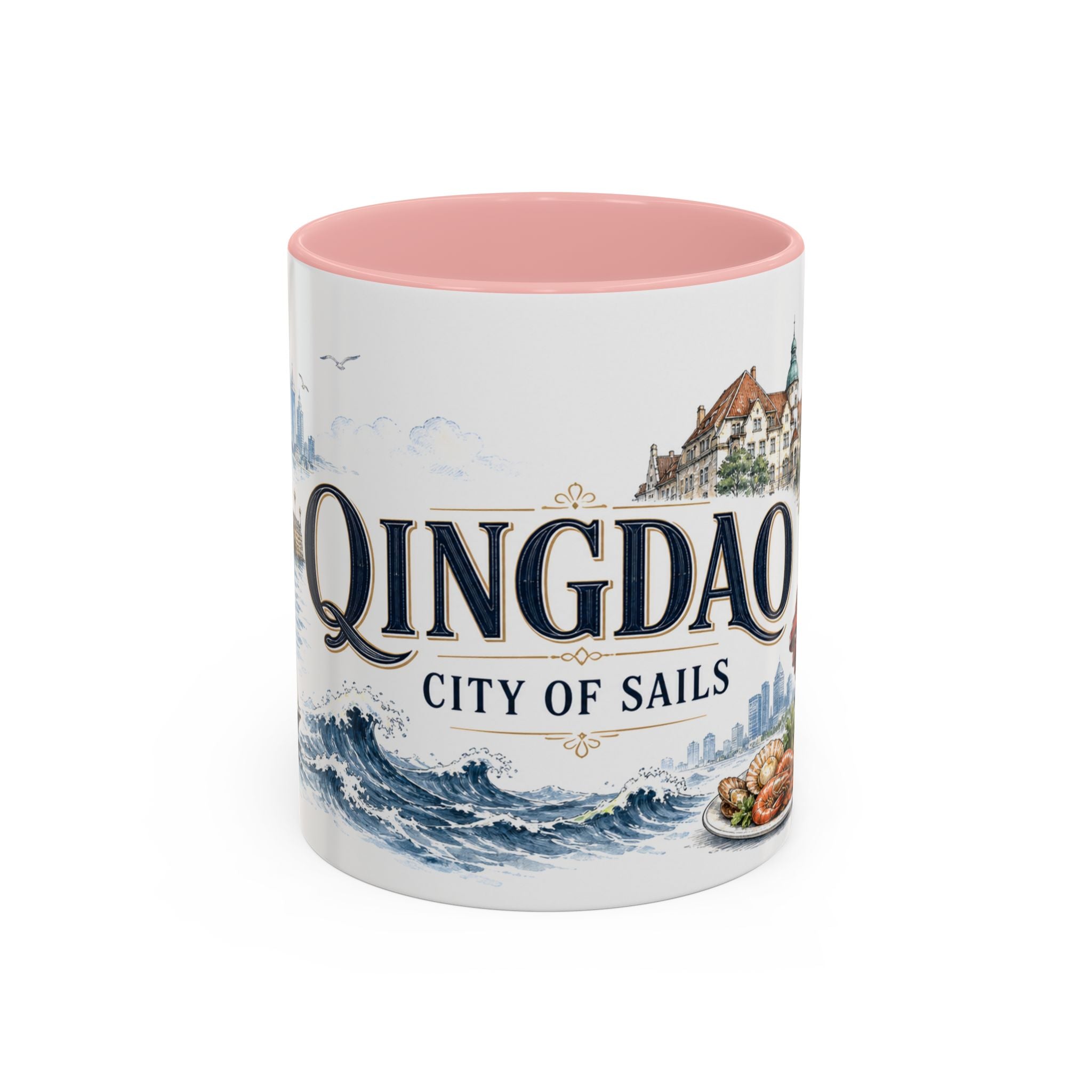 Qingdao Coffee Mug | China Travel Souvenir | Vintage Illustrated City Gift | 11 oz 15 oz Accent Mug