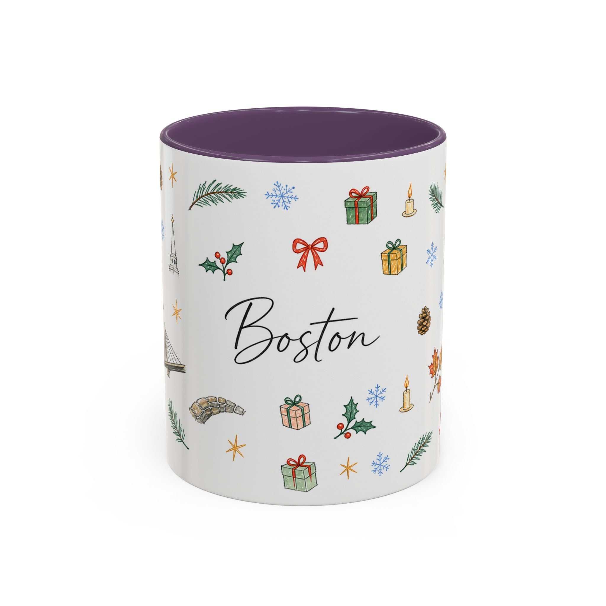 Boston Christmas Mug | Watercolor Travel Souvenir | Holiday Gift | Accent Ceramic Coffee Cup 11oz 15oz