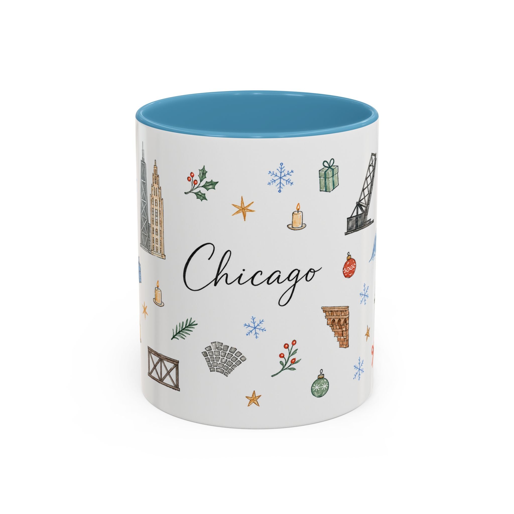 Chicago Christmas Mug | Watercolor Travel Souvenir | Holiday Gift | Accent Ceramic Coffee Cup 11oz 15oz