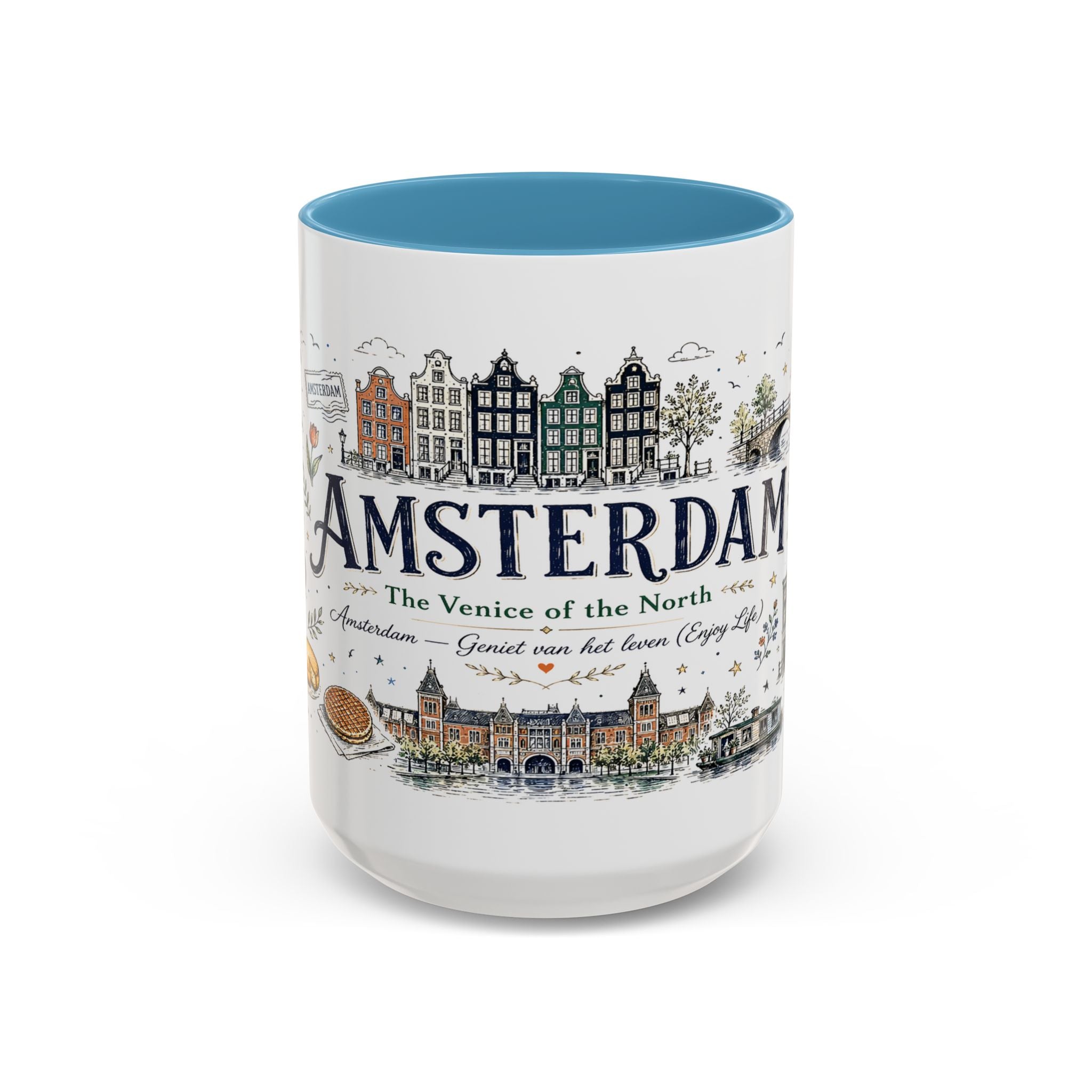 Amsterdam Coffee Mug | Netherlands Souvenir Travel Gift | Accent Color Ceramic 11oz 15oz