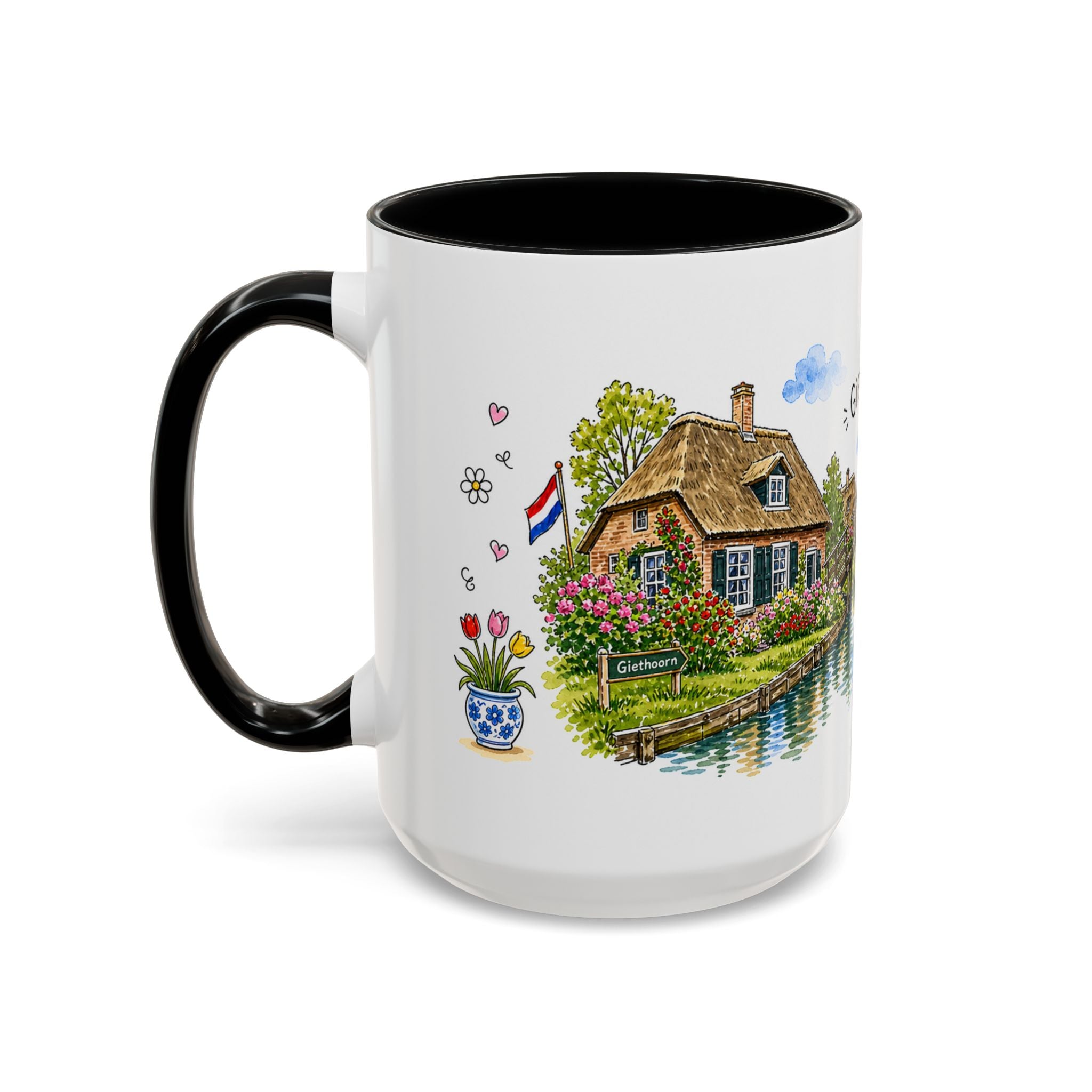 Giethoorn Illustrated Travel Mug | Netherlands Souvenir Accent Coffee Mug | 11oz 15oz Ceramic Cup