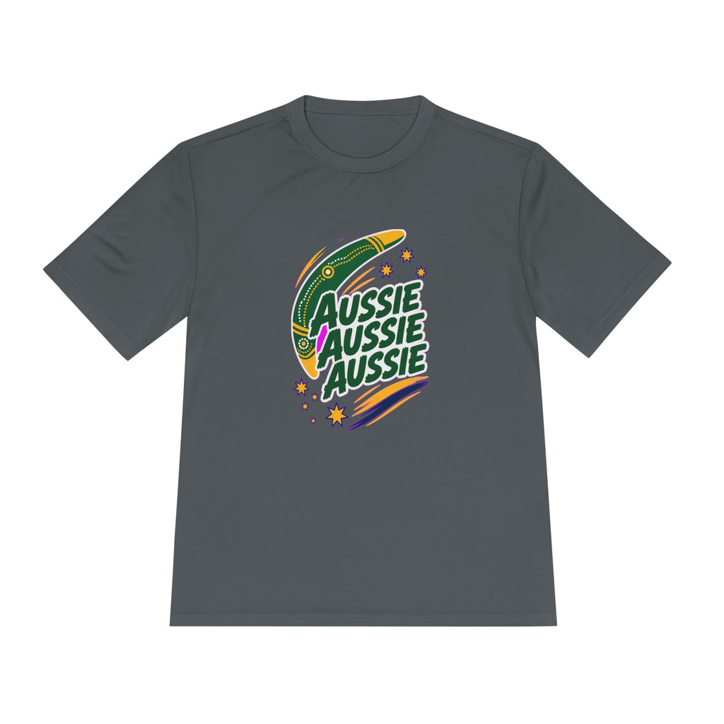Australia Fan T-Shirt, Aussie Boomerang Design, Moisture Wicking Sport Tee