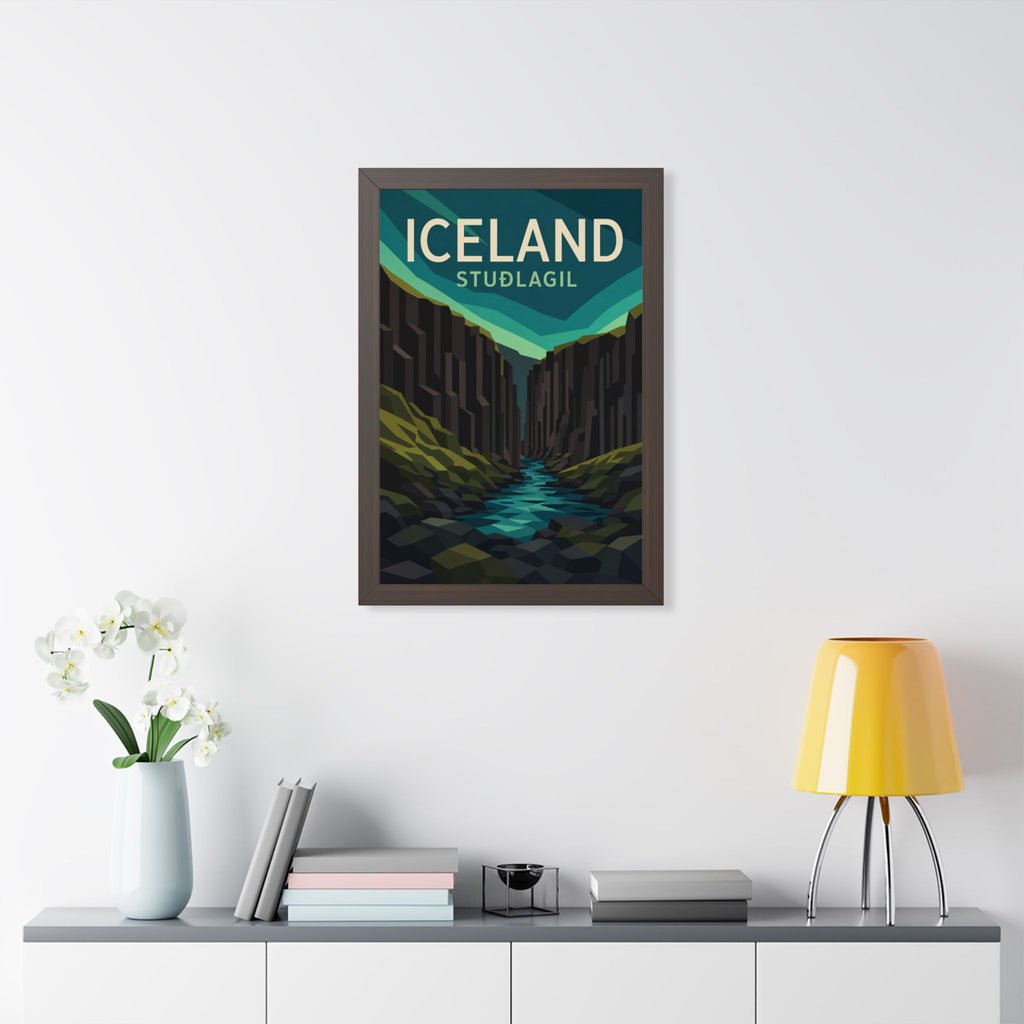 Stuðlagil Canyon Iceland Framed Poster | Vintage Travel Wall Art | Black Walnut White Frame | 16x24 20x30
