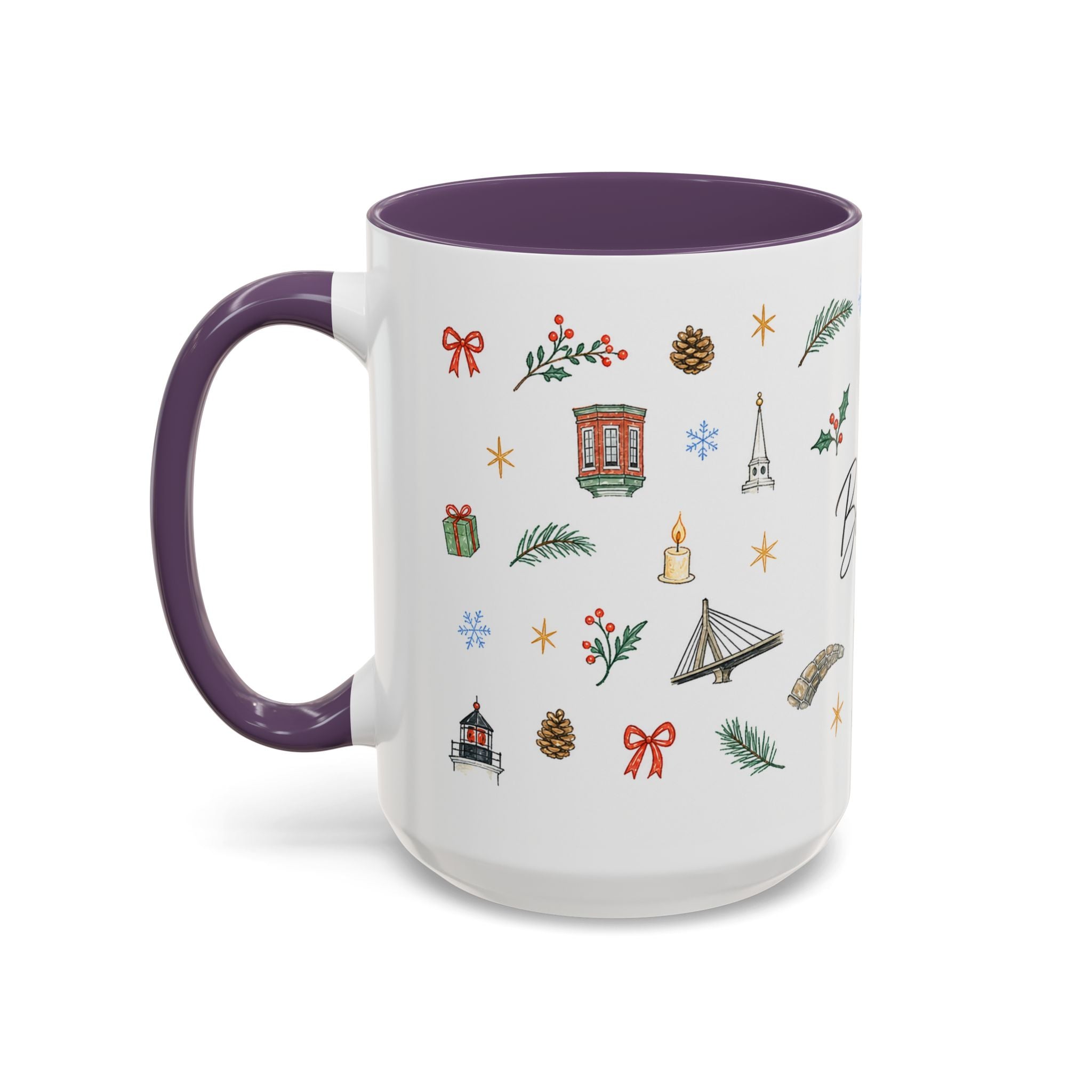 Boston Christmas Mug | Watercolor Travel Souvenir | Holiday Gift | Accent Ceramic Coffee Cup 11oz 15oz